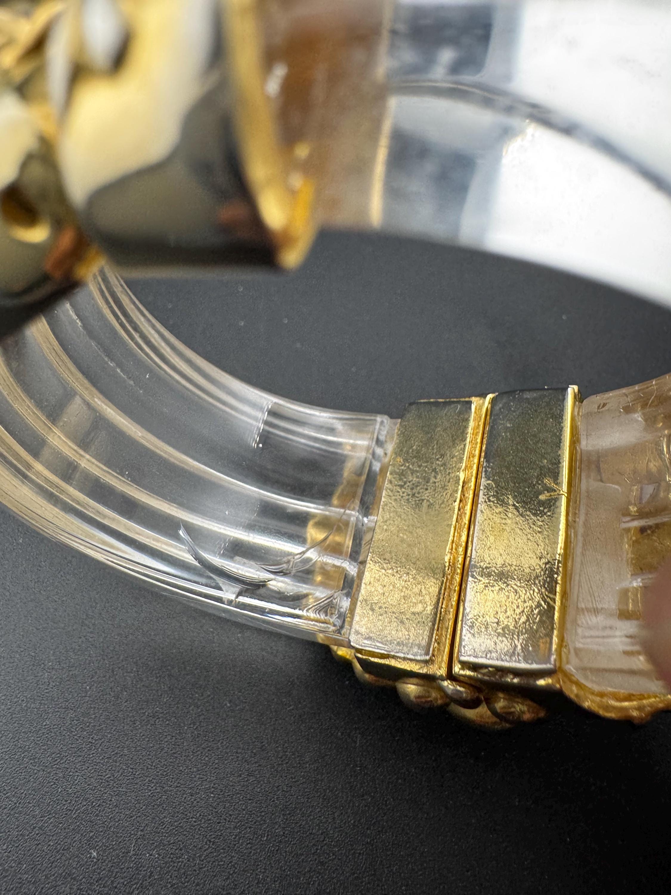 Art Nouveau Chrysanthemum Clamper Bangle: Gold Acrylic Lucite, Retro Repro