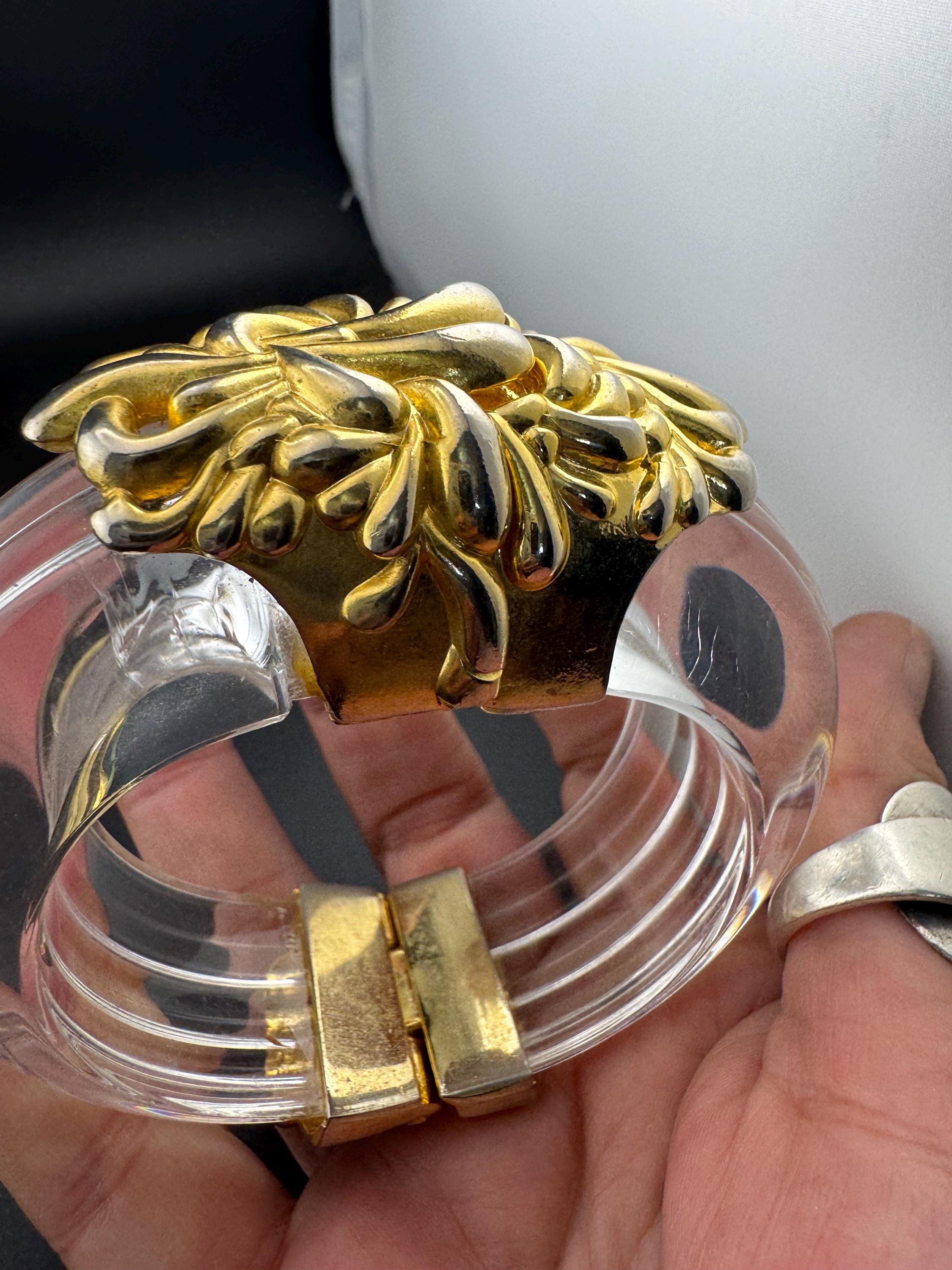Art Nouveau Chrysanthemum Clamper Bangle: Gold Acrylic Lucite, Retro Repro