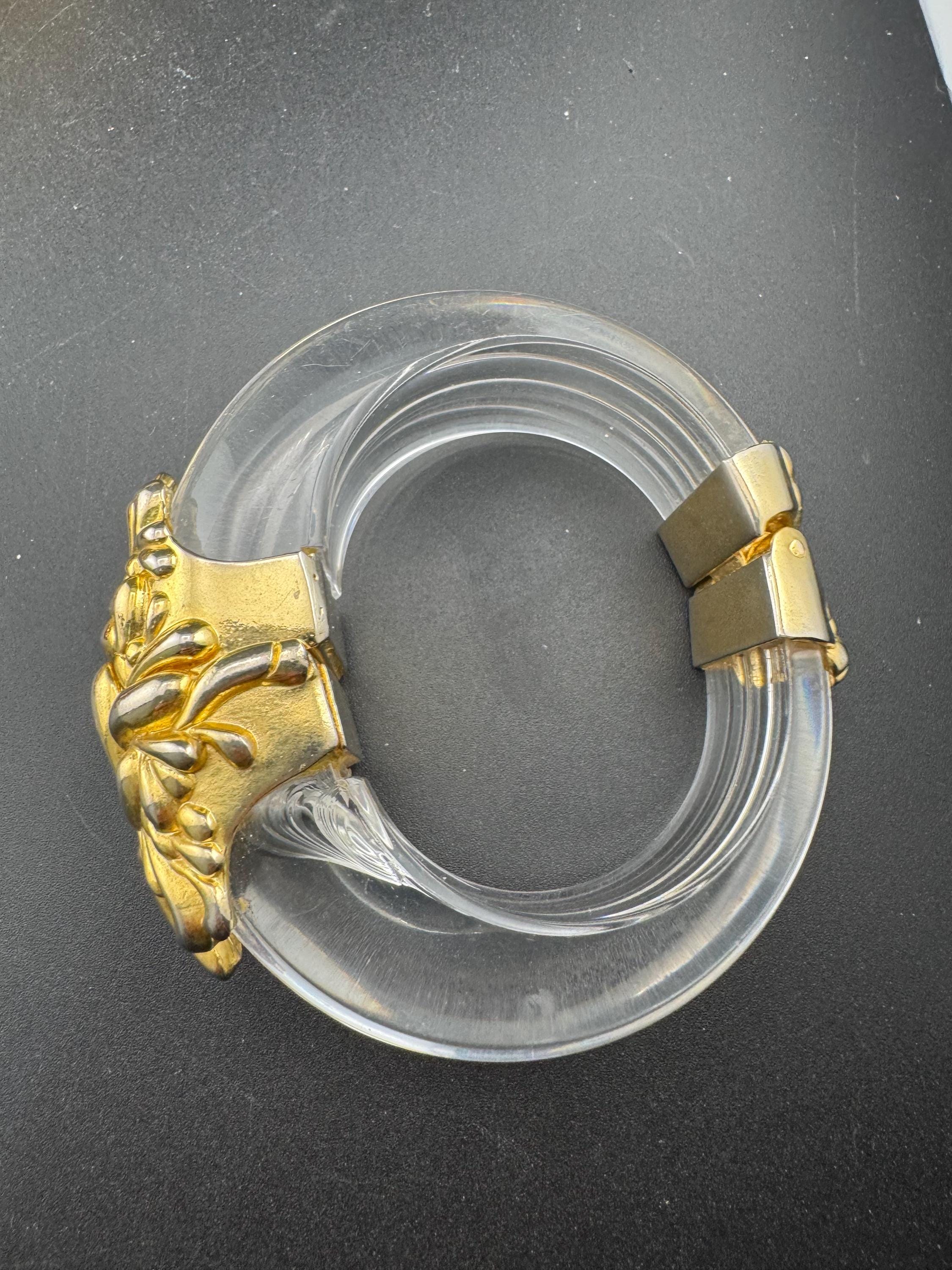 Art Nouveau Chrysanthemum Clamper Bangle: Gold Acrylic Lucite, Retro Repro