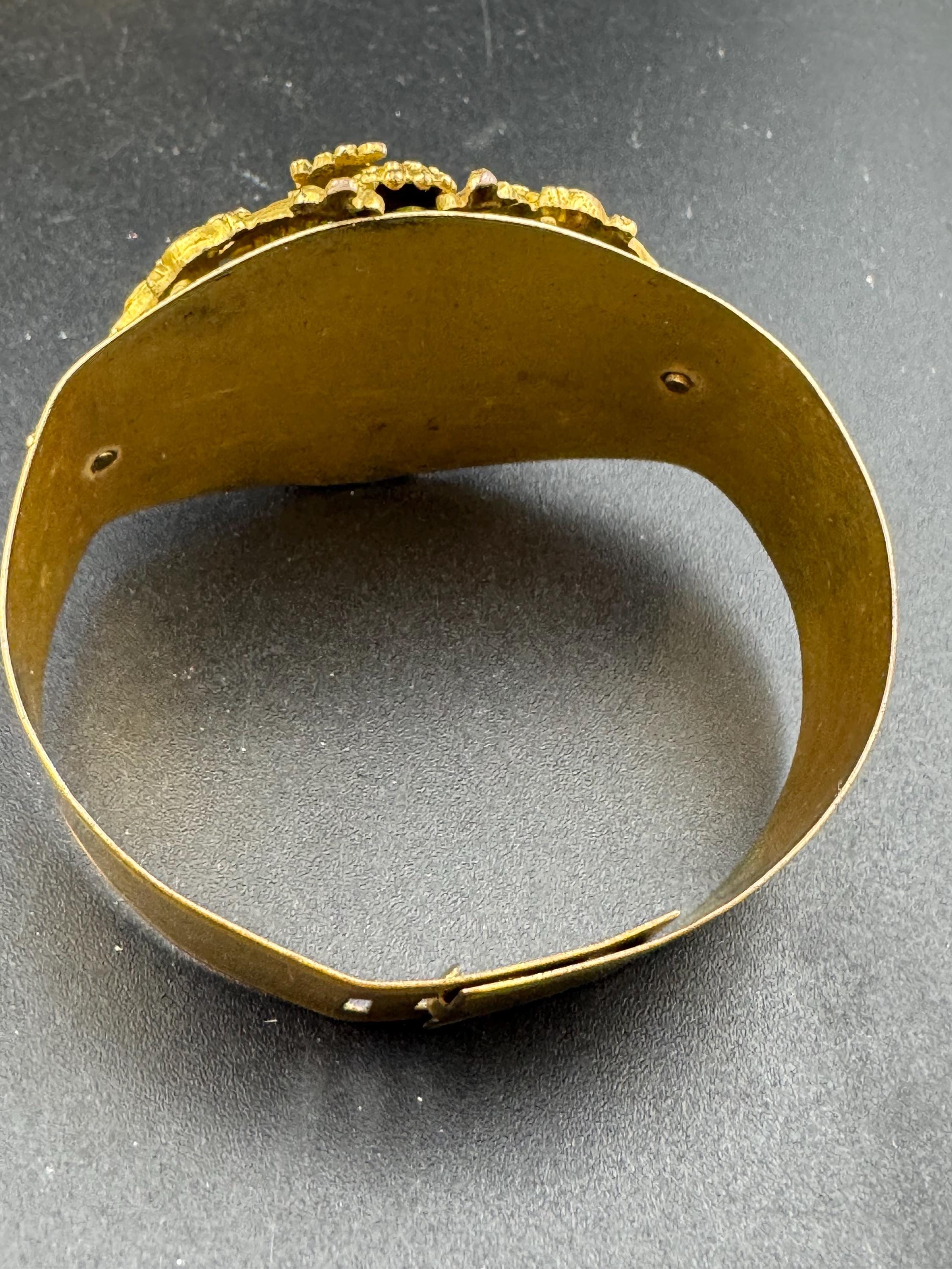 Antique Georgian Brass Bangle Bracelet: Shell & Floral, Gold Tone