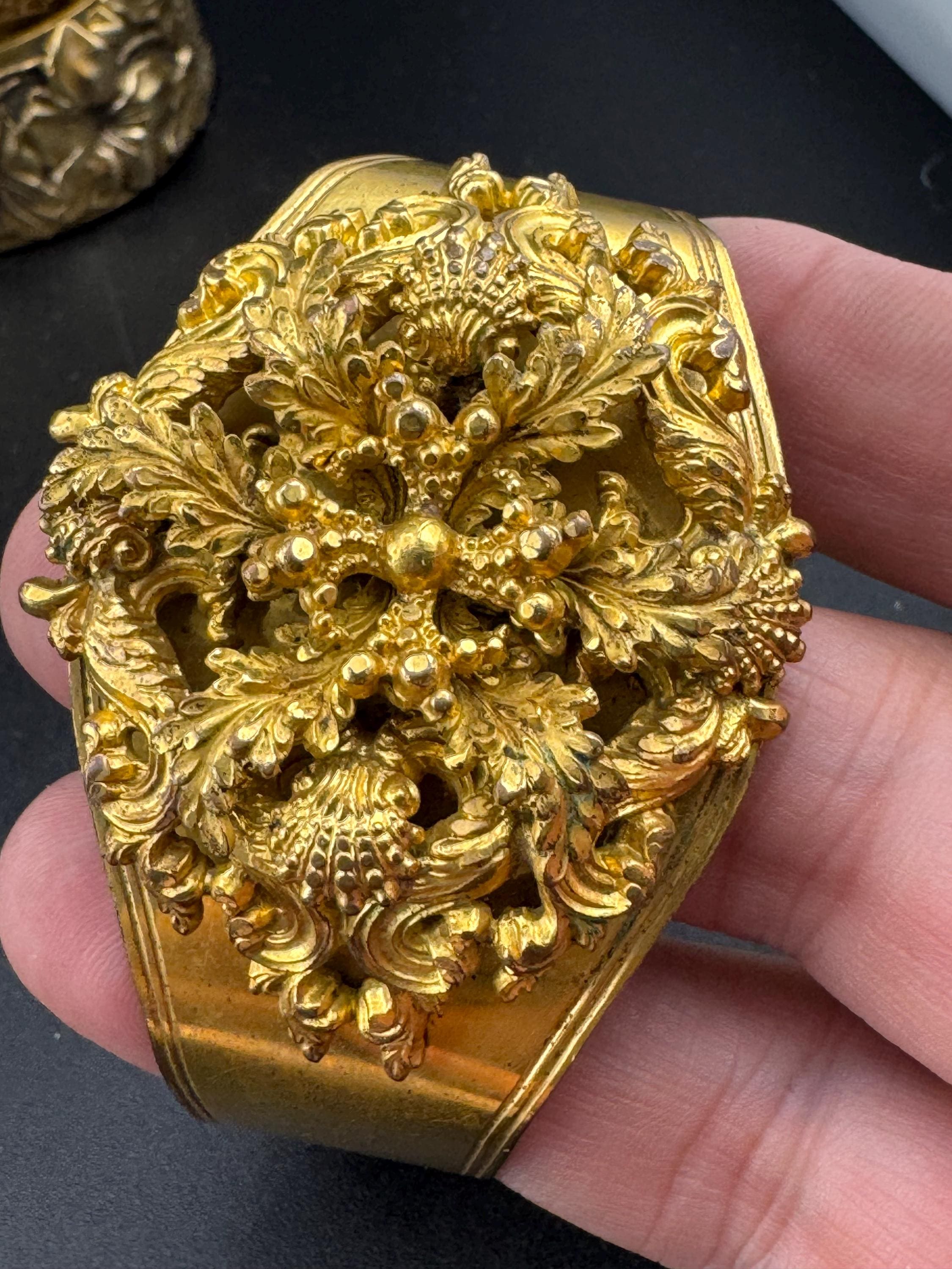 Antique Georgian Brass Bangle Bracelet: Shell & Floral, Gold Tone