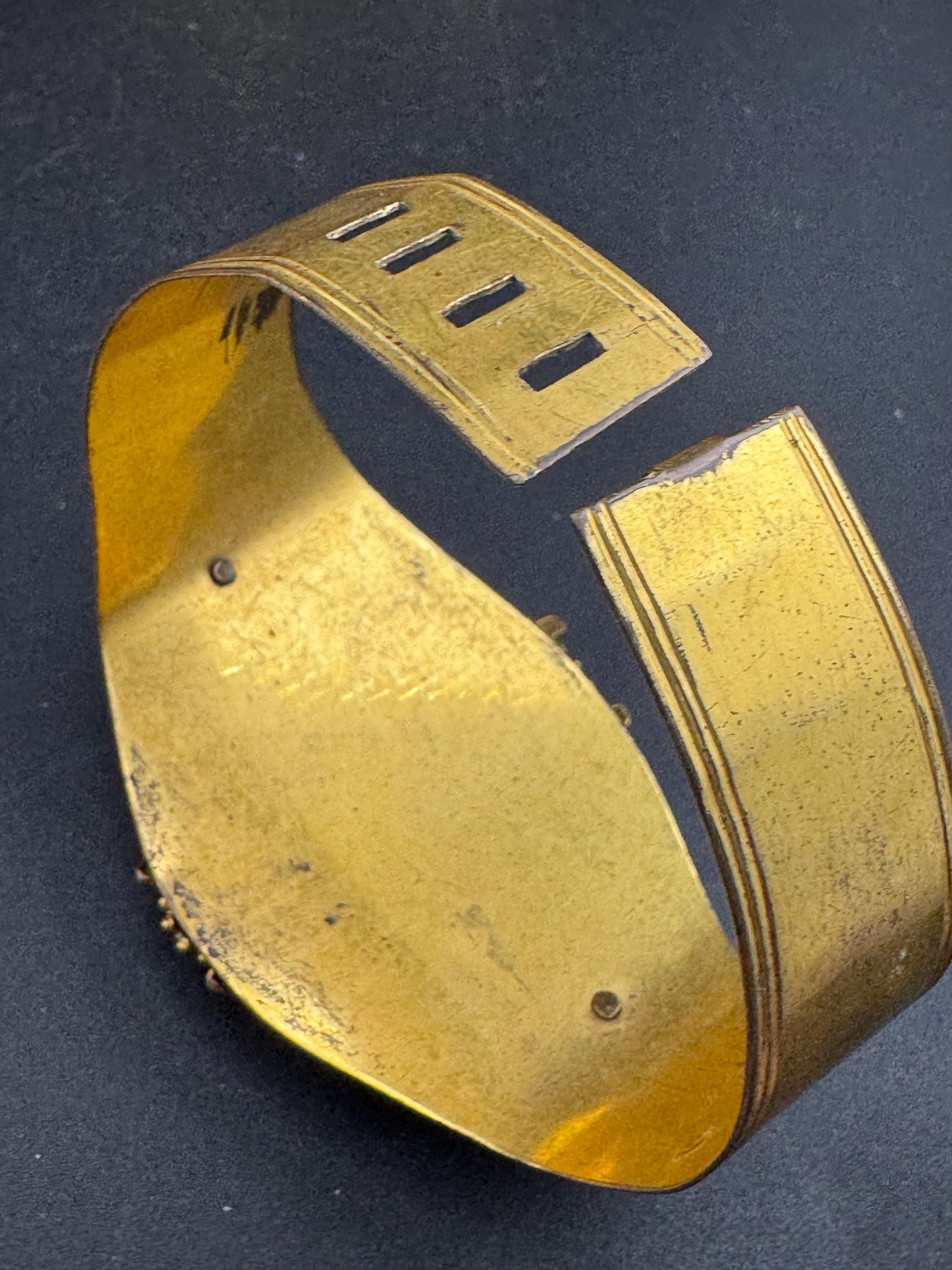 Antique Georgian Brass Bangle Bracelet: Shell & Floral, Gold Tone
