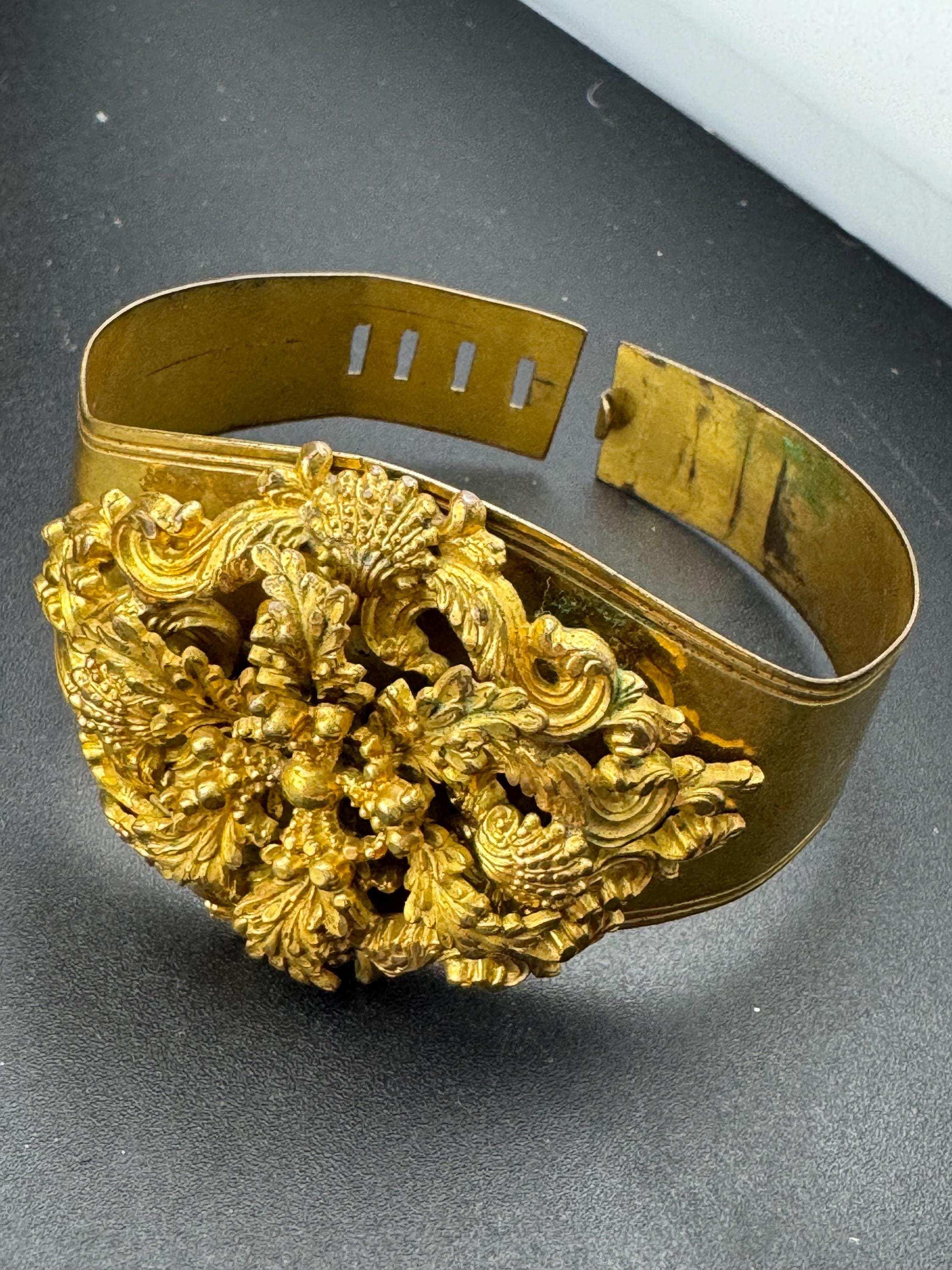Antique Georgian Brass Bangle Bracelet: Shell & Floral, Gold Tone