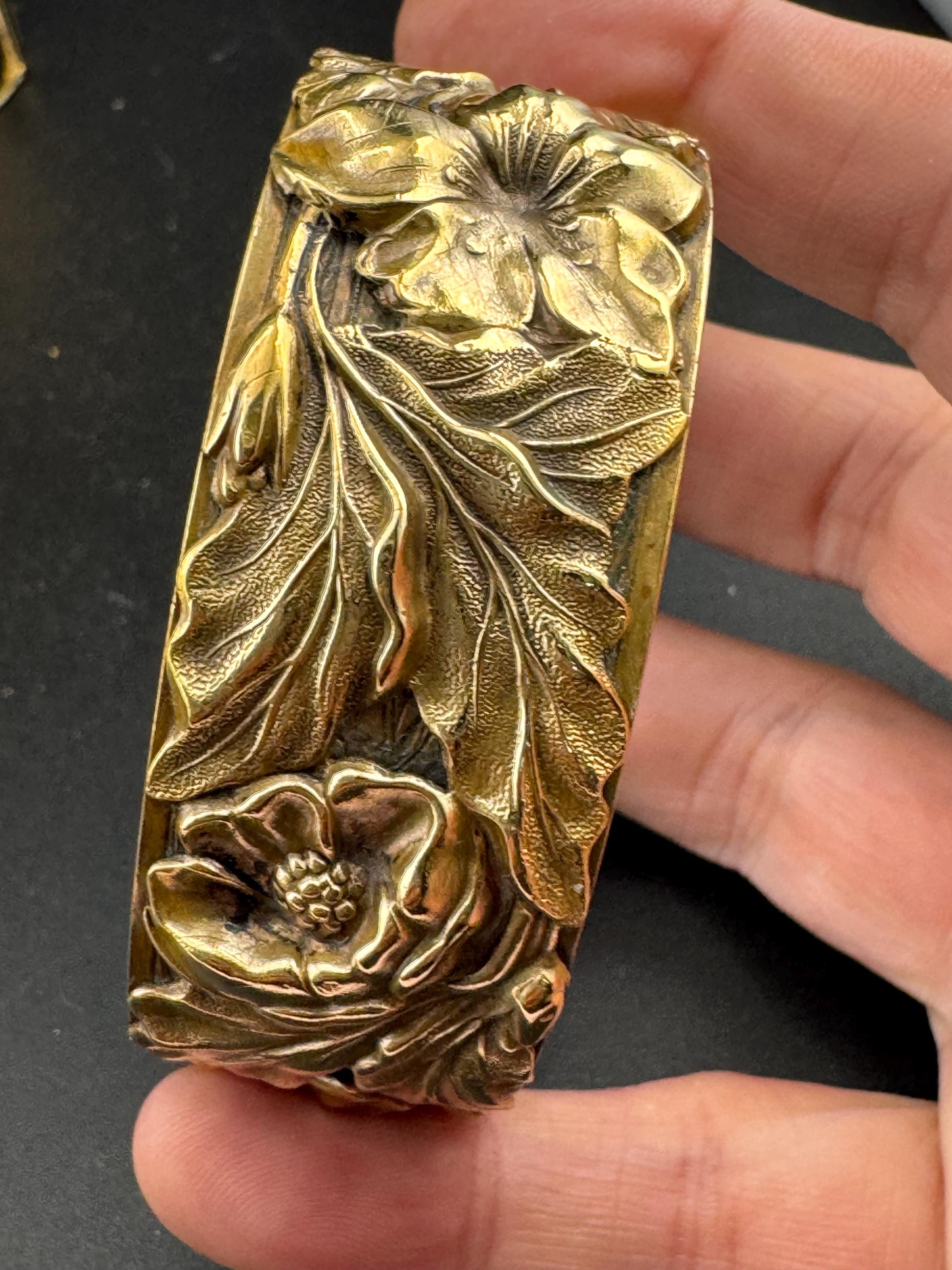Antique Victorian repousse work wide brass floral bangle bracelet:  hinged gold