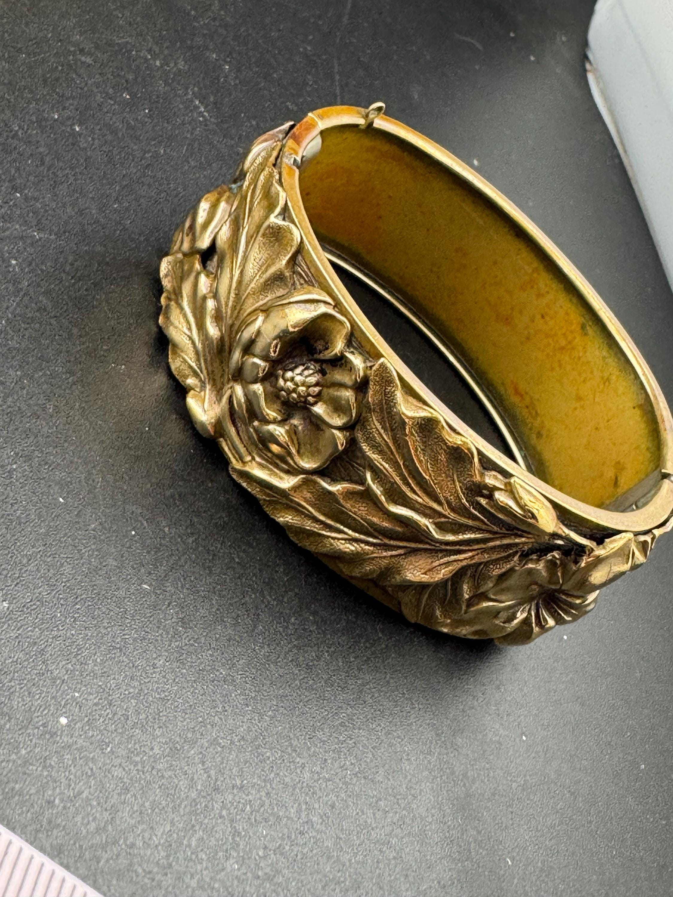 Antique Victorian repousse work wide brass floral bangle bracelet:  hinged gold