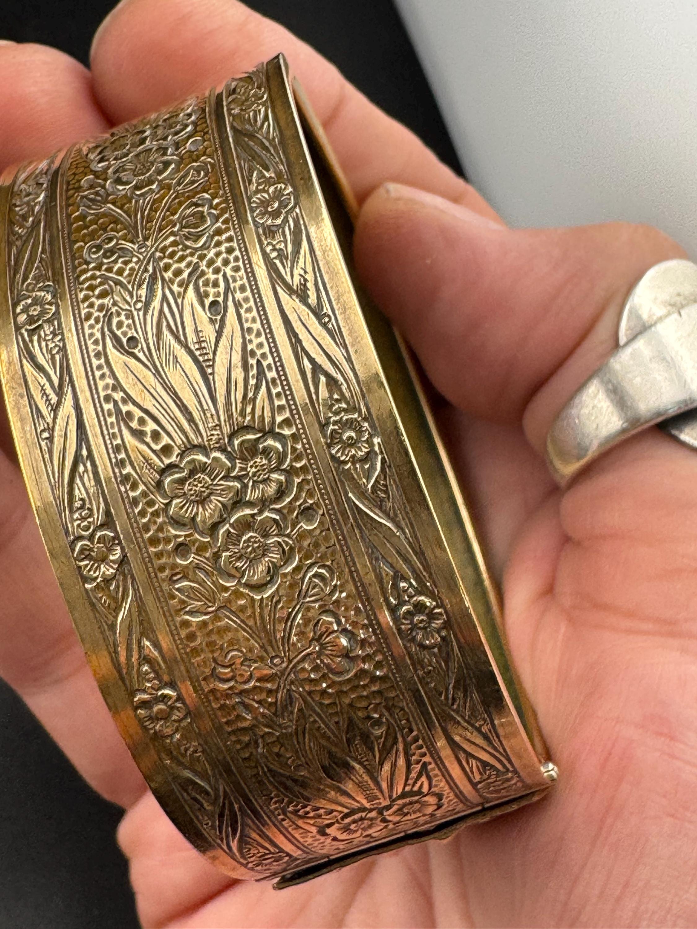 Antique Victorian repousse work wide brass floral bangle bracelet:  hinged gold
