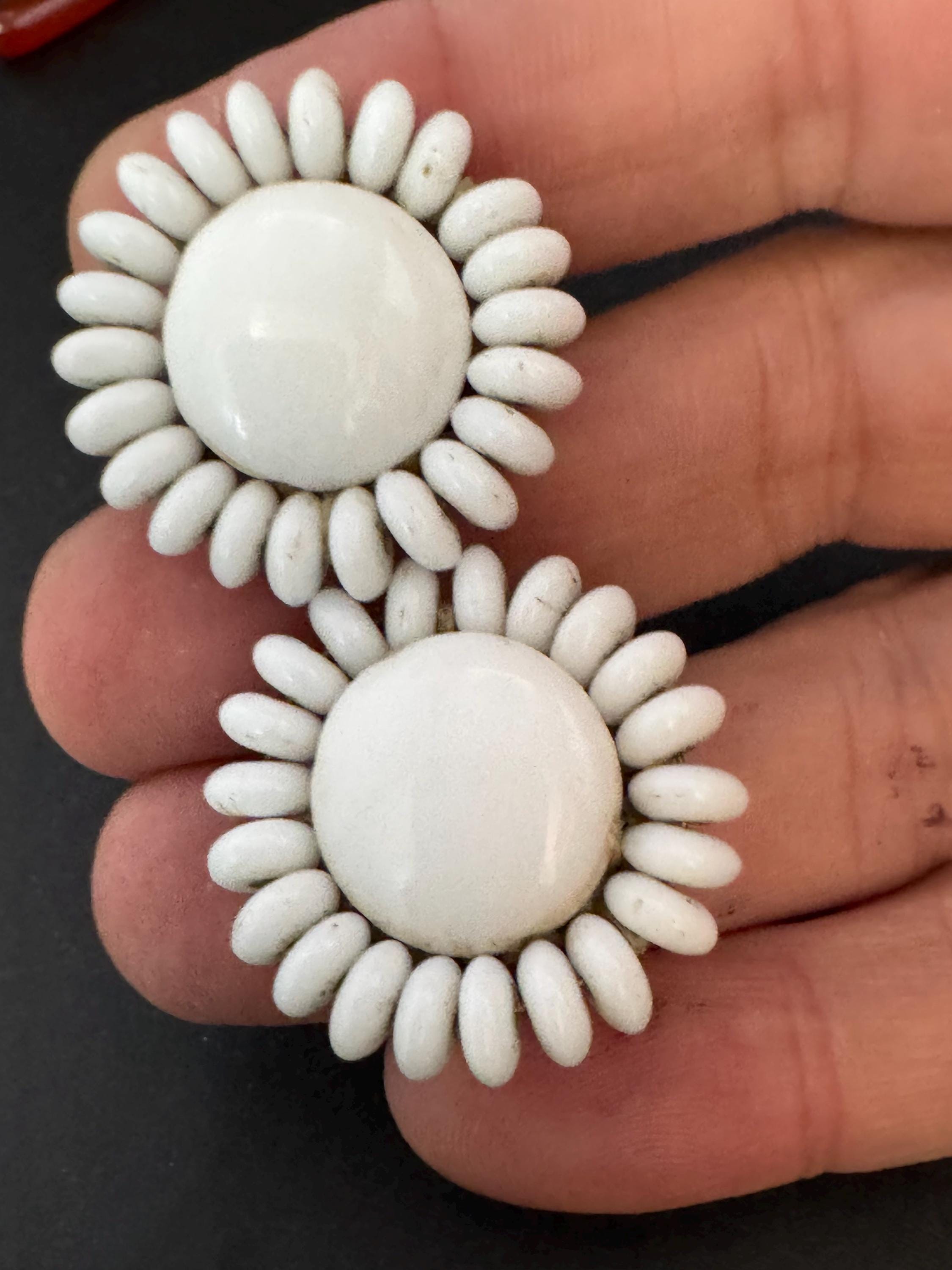 Vintage white milk glass floral beaded Cluster Clip On Earrings 1940s 1950s