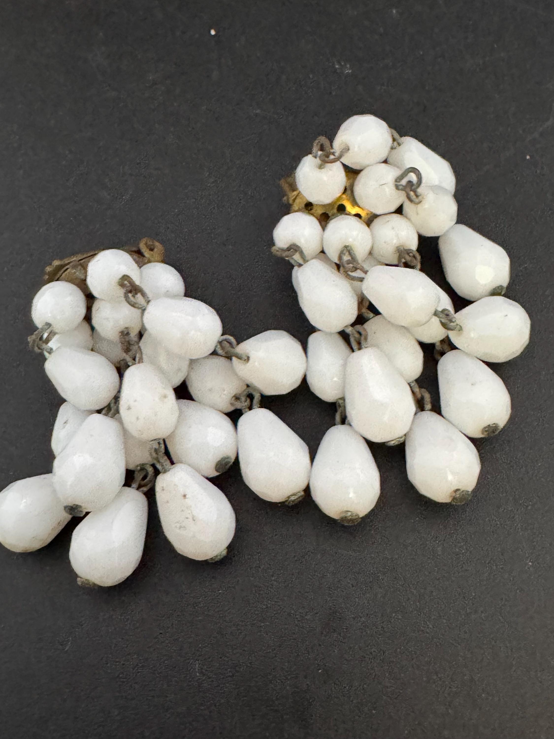 Vintage white milk glass floral beaded Cluster Clip On waterfall Earrings 1940s 1950s