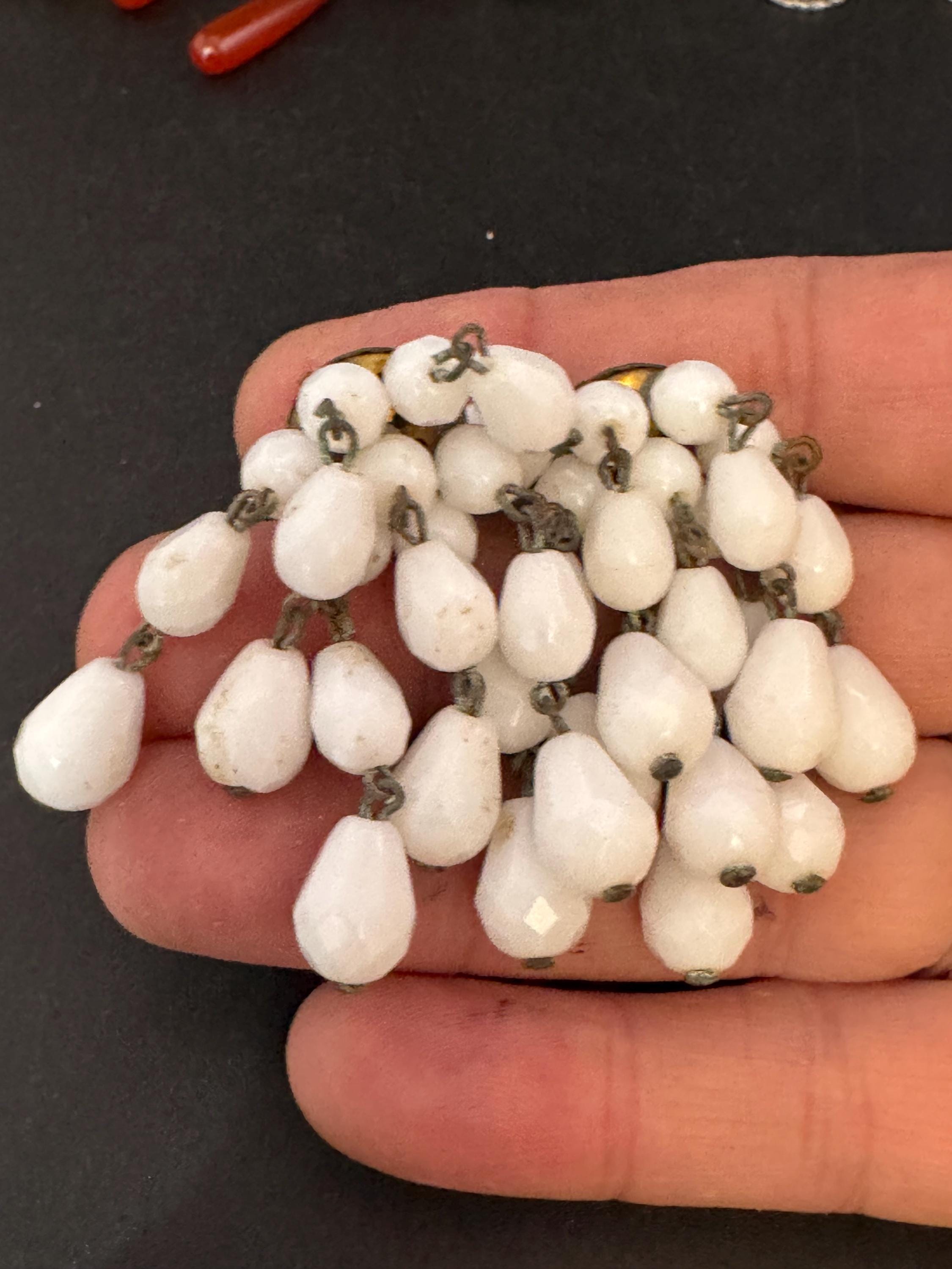 Vintage white milk glass floral beaded Cluster Clip On waterfall Earrings 1940s 1950s