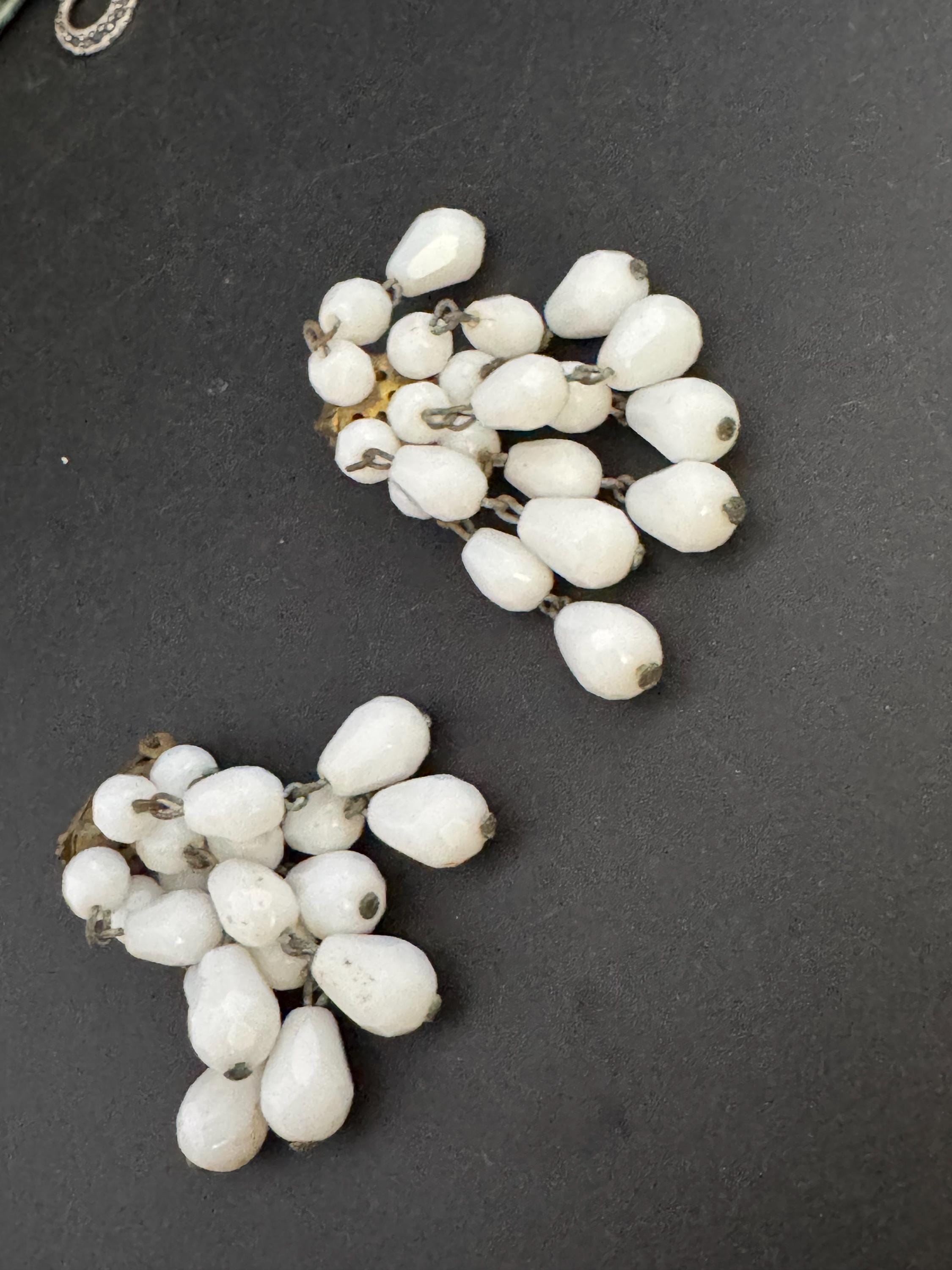 Vintage white milk glass floral beaded Cluster Clip On waterfall Earrings 1940s 1950s