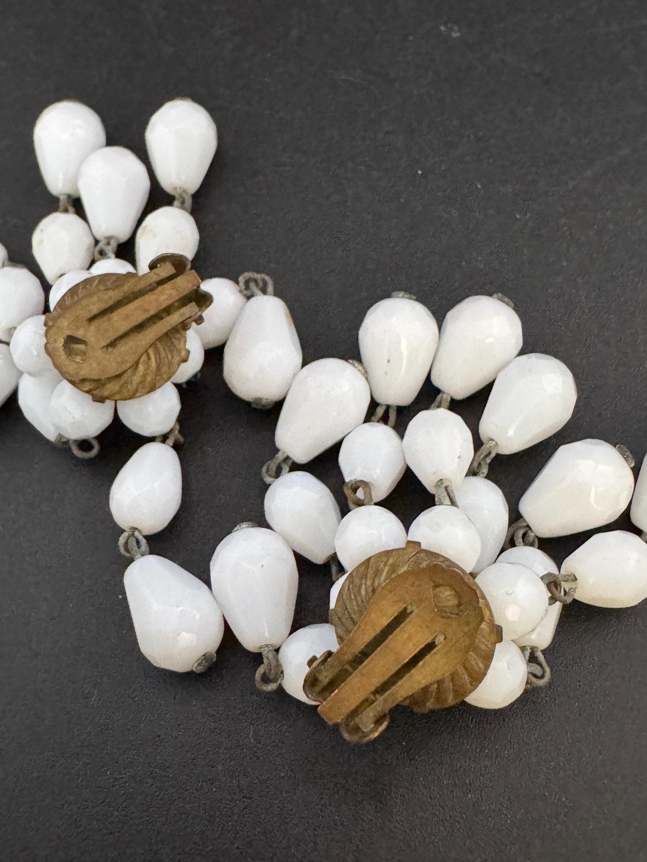 Vintage white milk glass floral beaded Cluster Clip On waterfall Earrings 1940s 1950s
