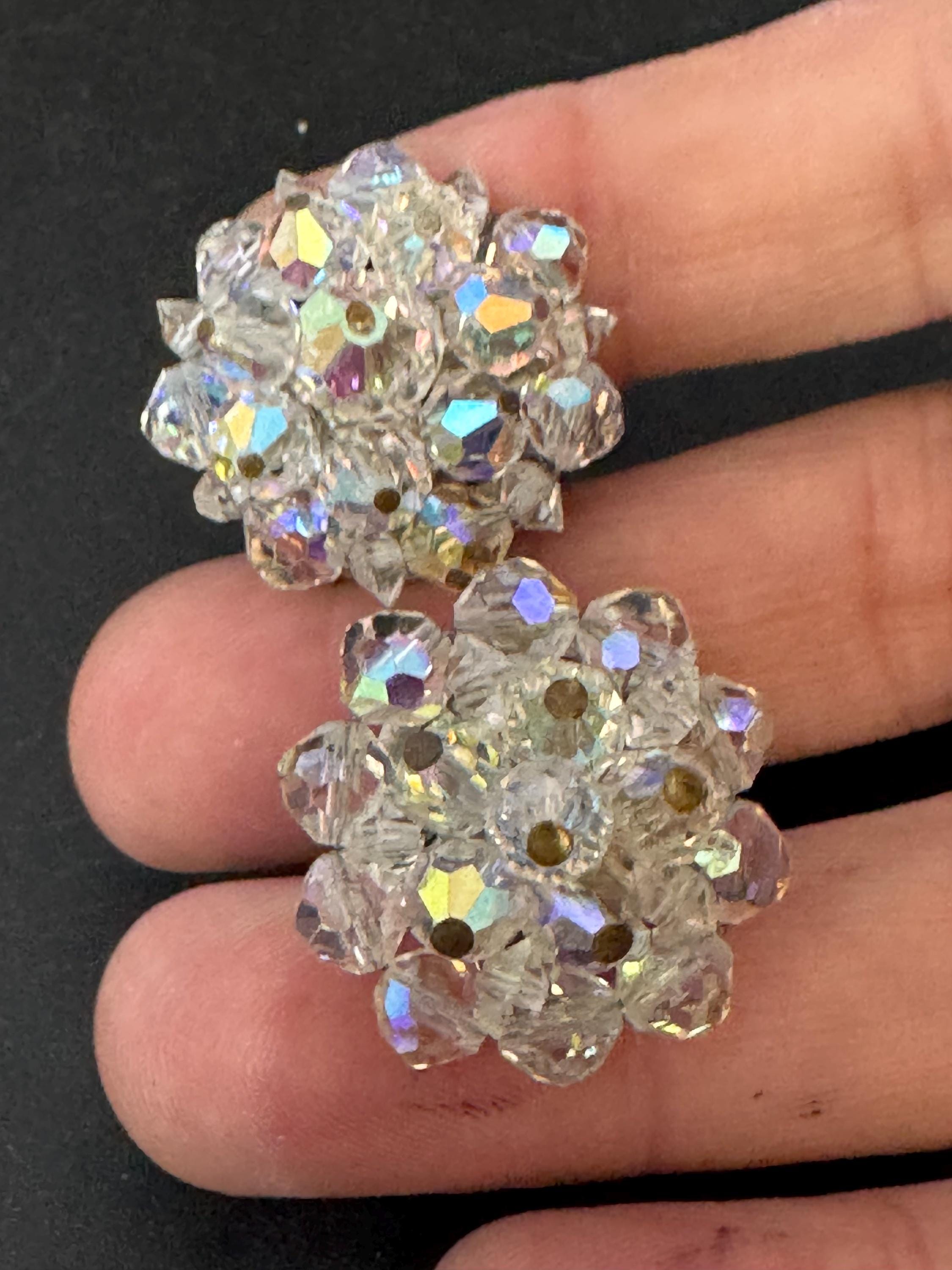 Vintage clear rainbow AB lustre glass beaded Cluster Clip On Earrings