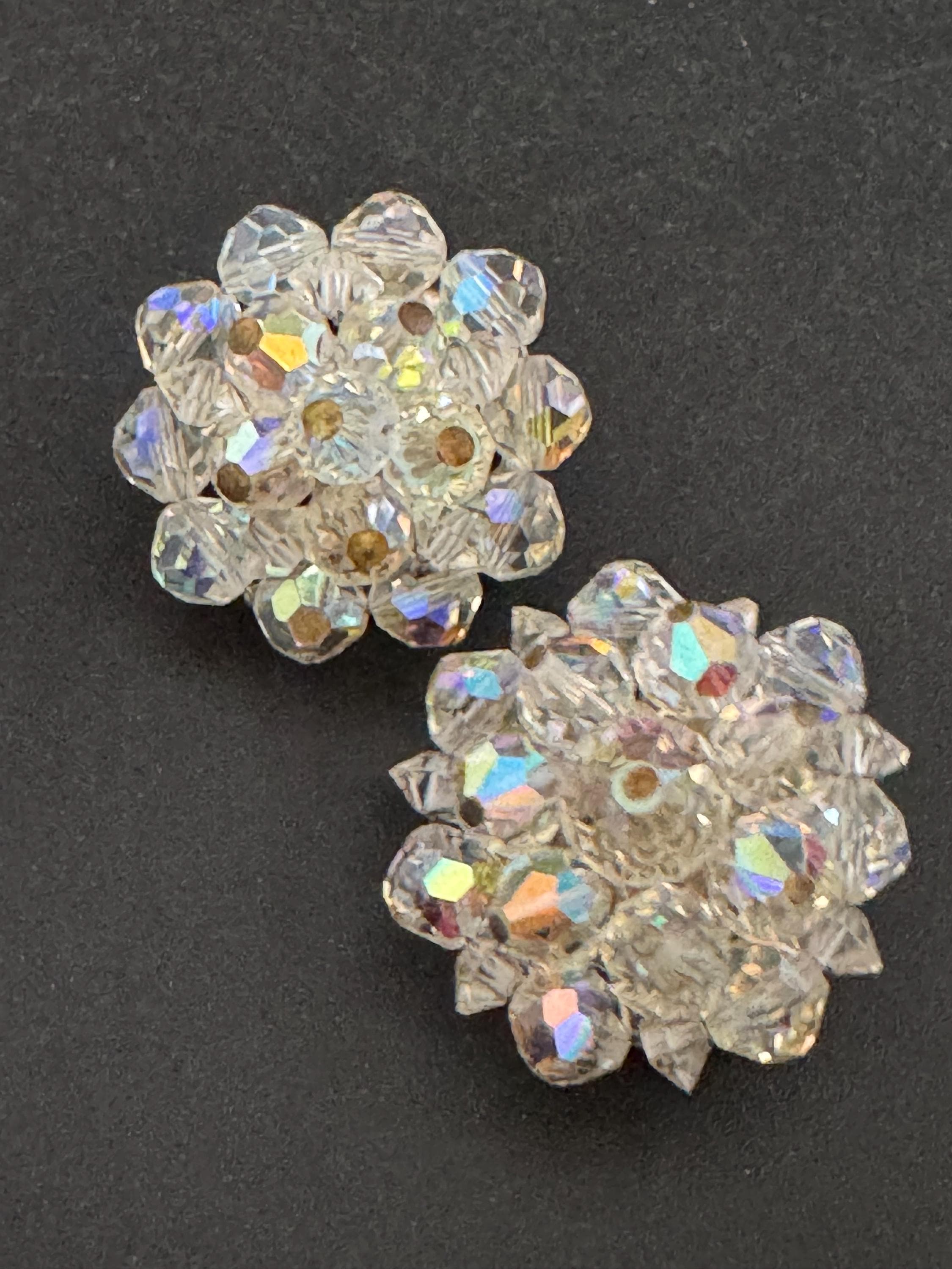 Vintage clear rainbow AB lustre glass beaded Cluster Clip On Earrings