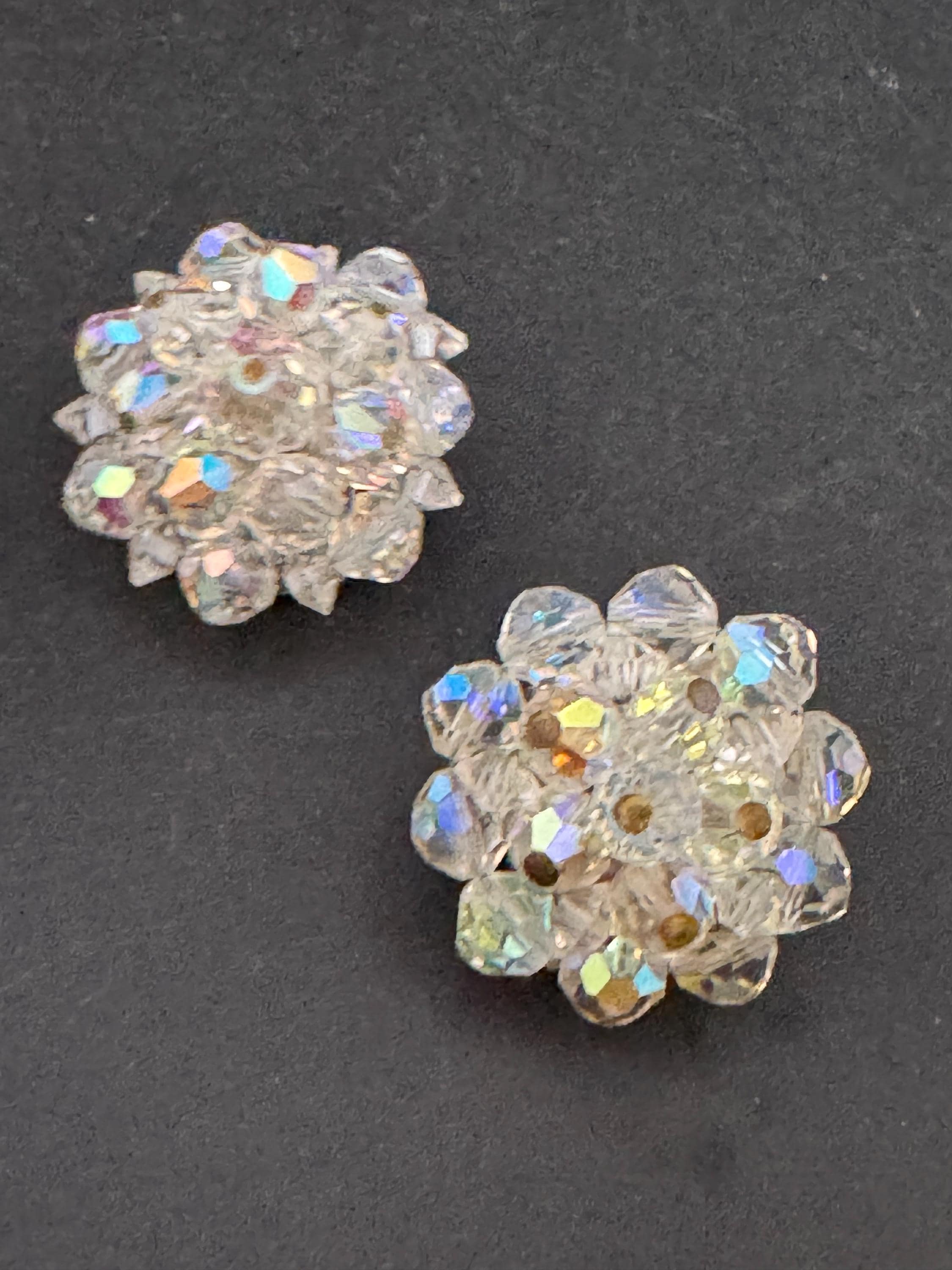 Vintage clear rainbow AB lustre glass beaded Cluster Clip On Earrings
