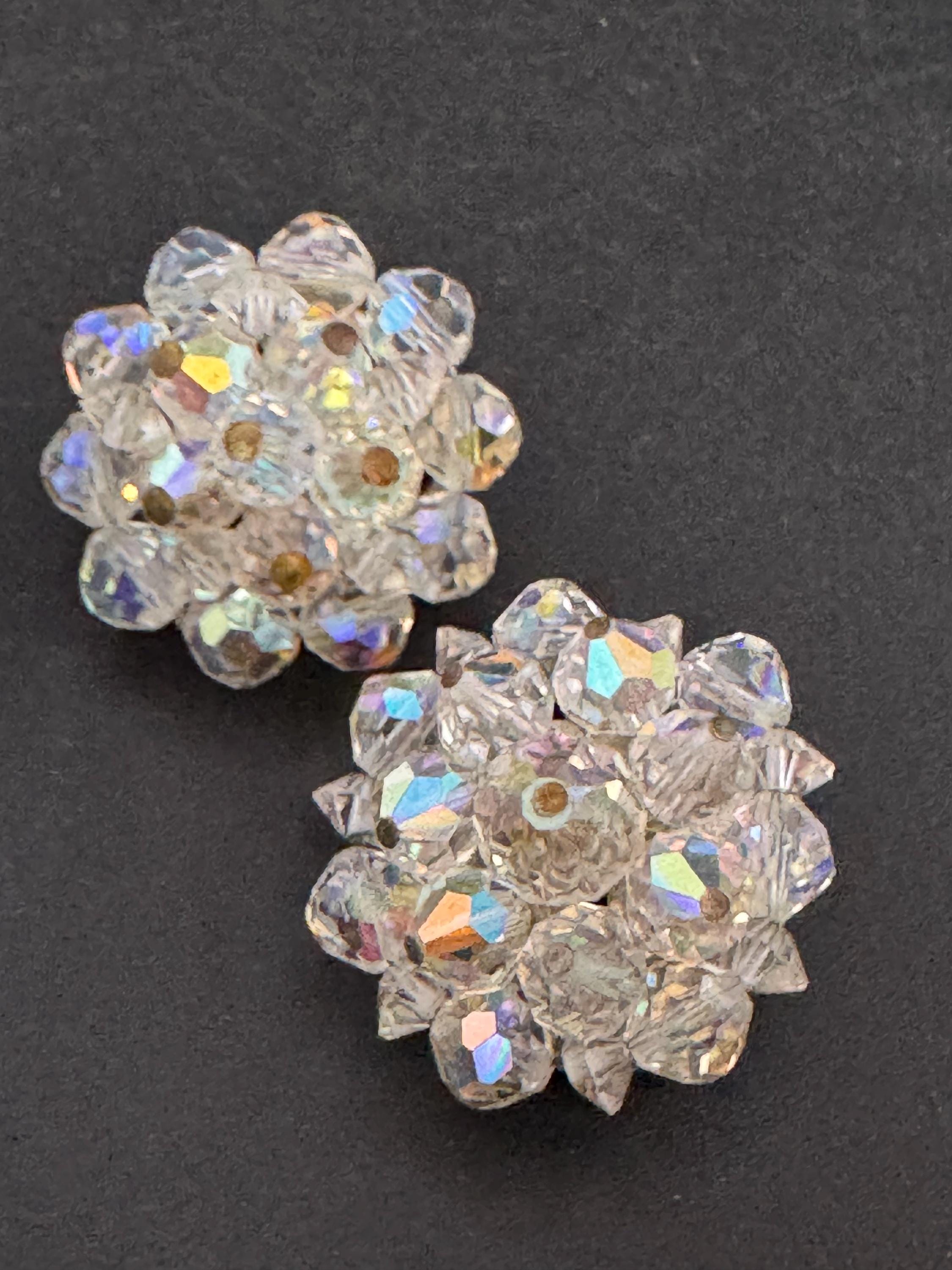 Vintage clear rainbow AB lustre glass beaded Cluster Clip On Earrings