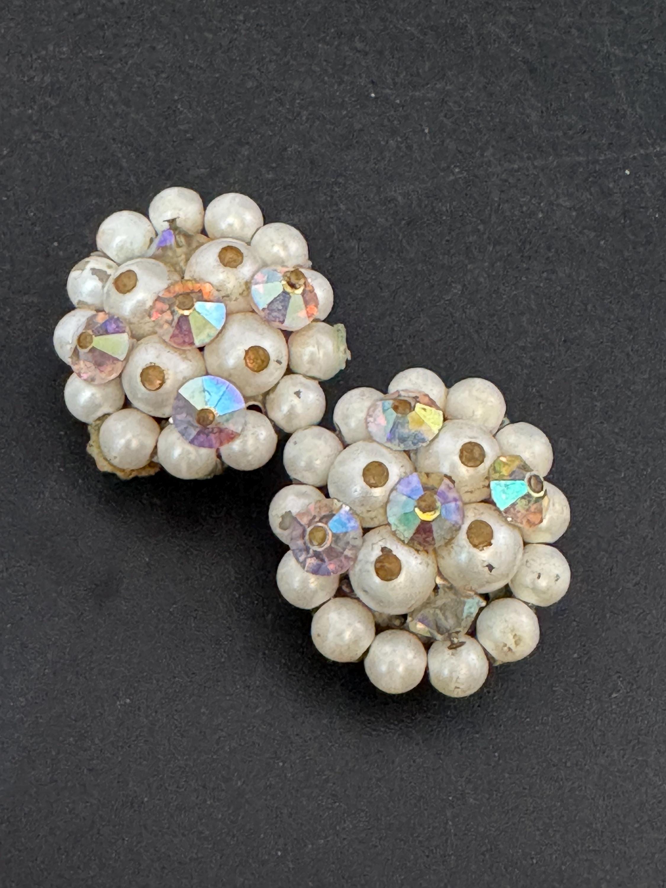 Vintage 1950s rainbow AB glass faux Pearl beaded Cluster Clip On Earrings
