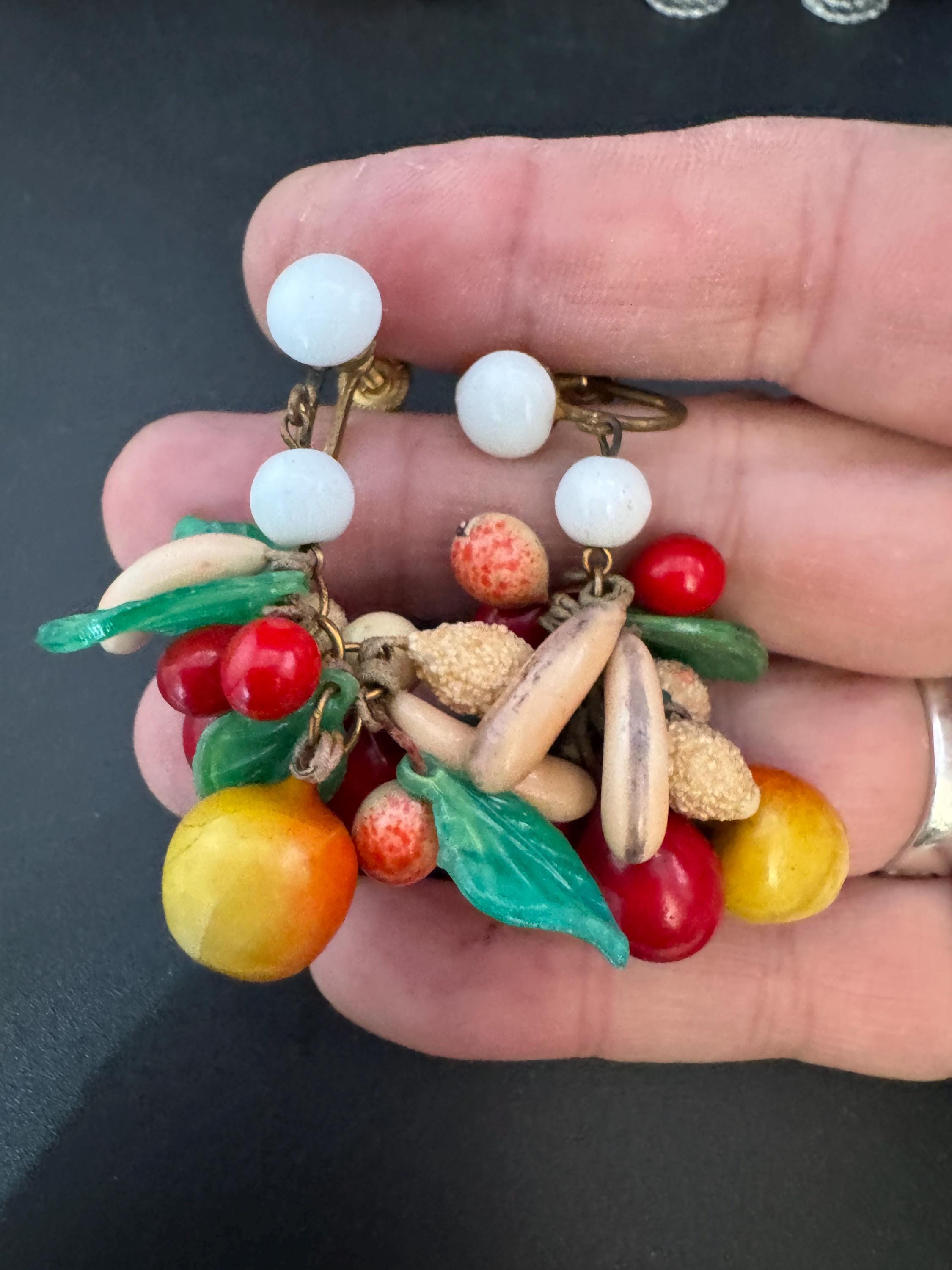 vintage fruit dangly cluster clip on earrings 1930s Art Deco