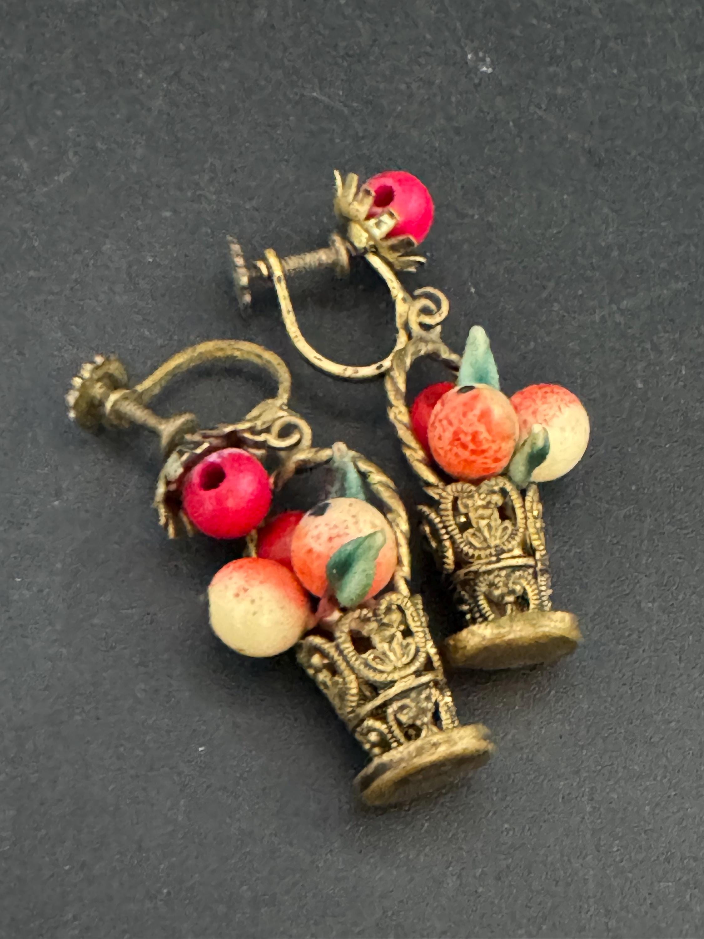 vintage brass FRUIT Basket clip on drop earrings 1930s Art Deco