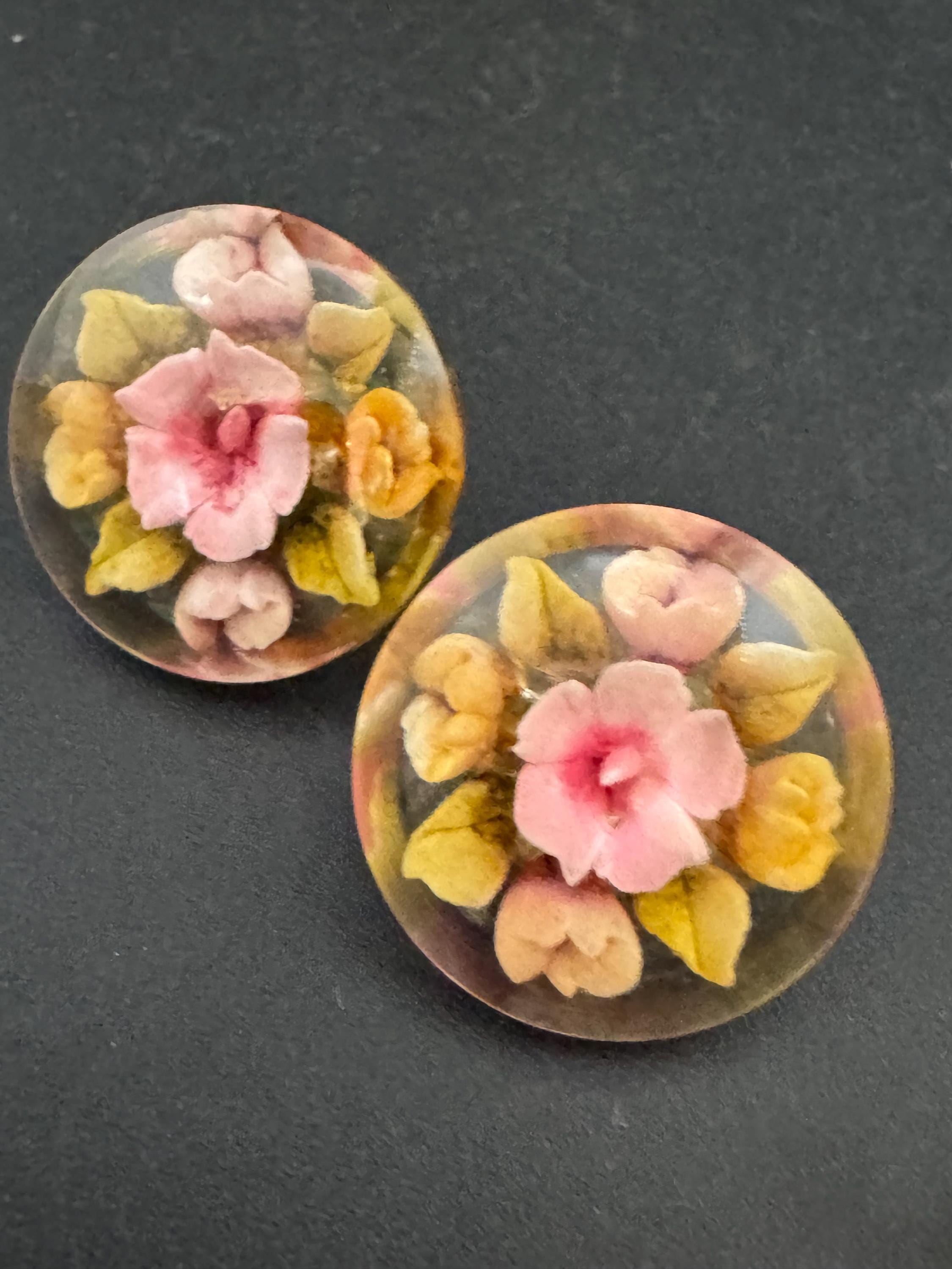 Vintage Perspex clear lucite pink Clip On Earrings early plastic Rose floral