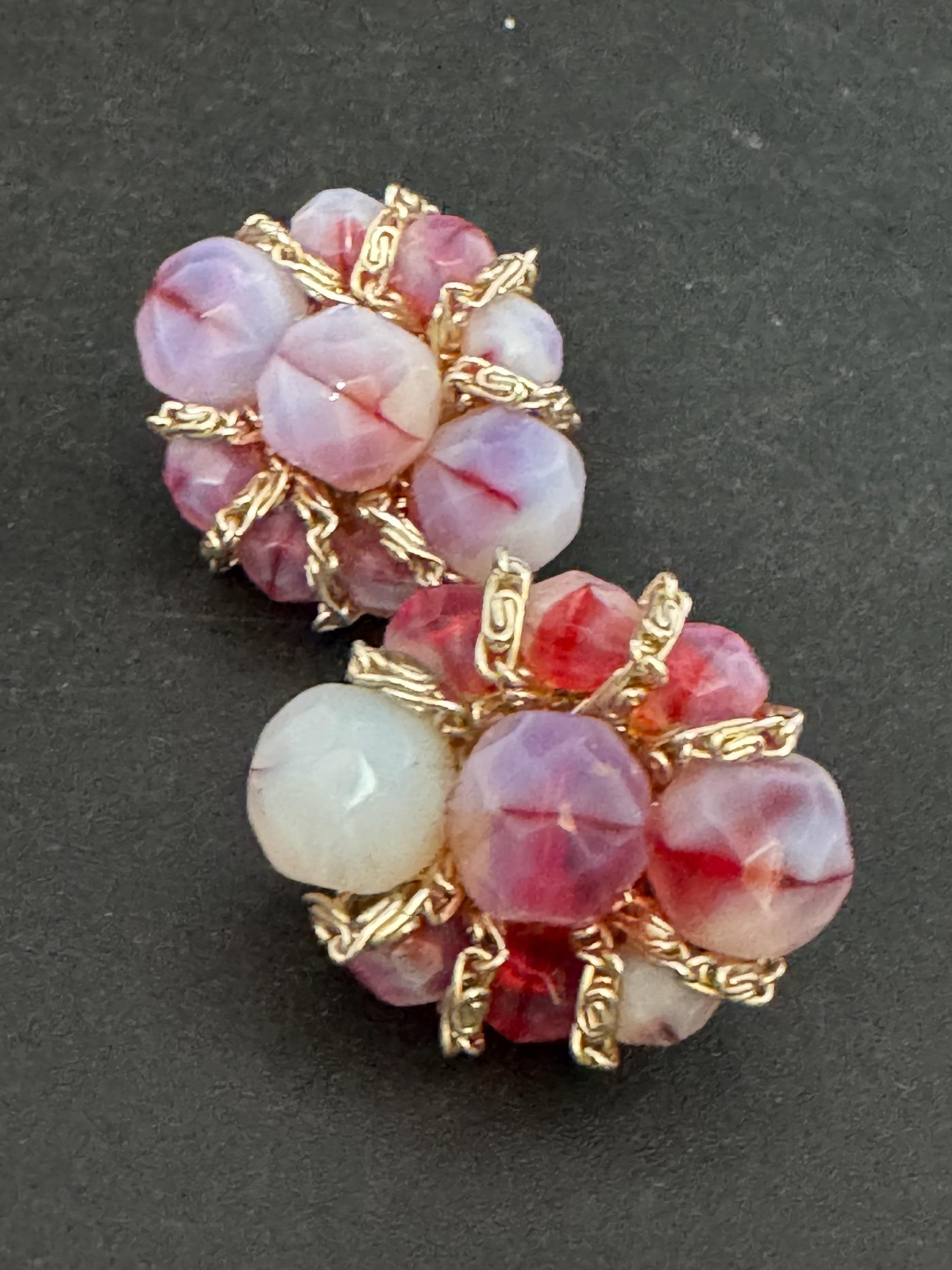 Vintage purple and pink glass beaded Cluster Clip On Earrings