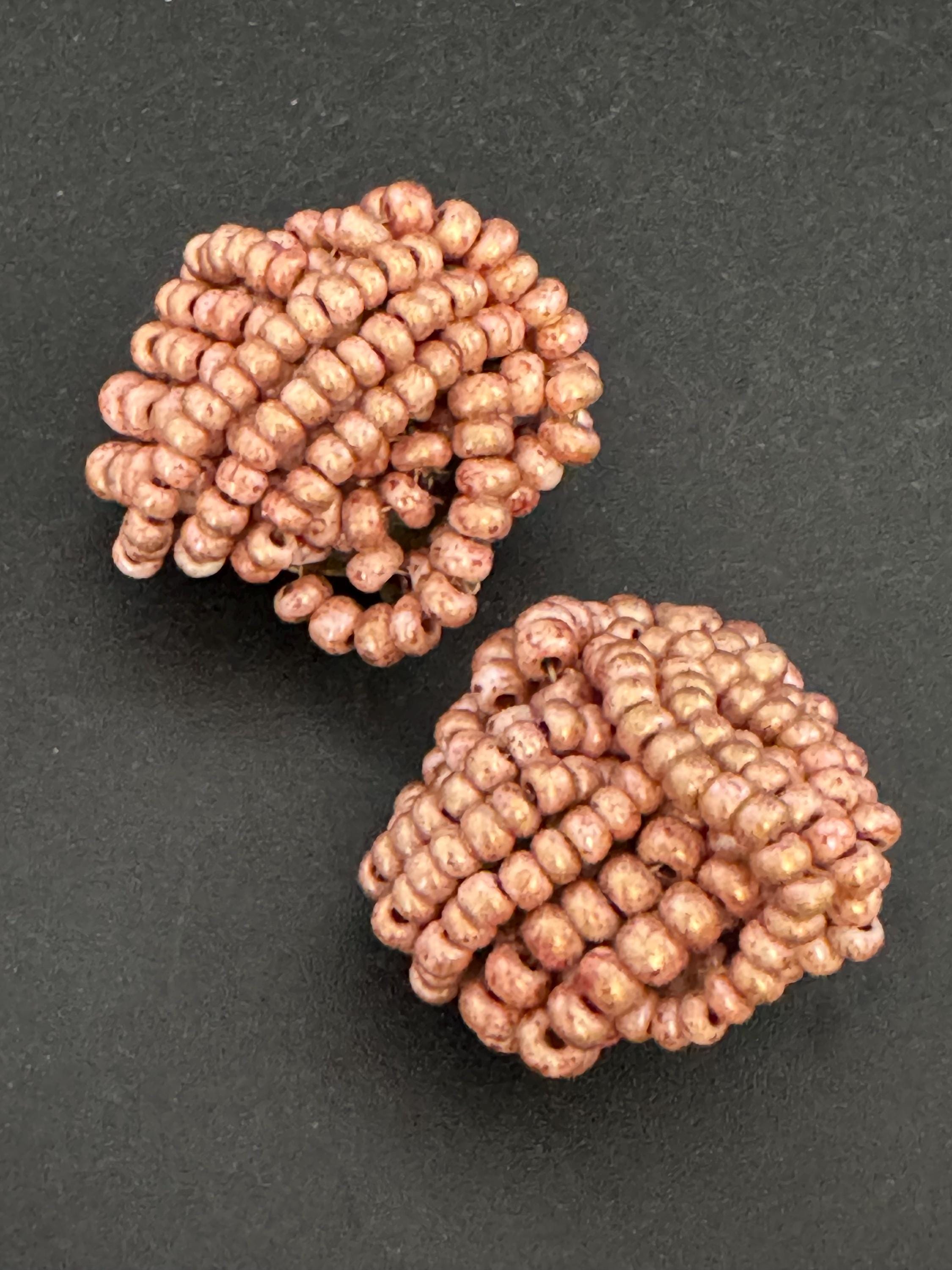 Vintage dusky pink taupe seed beaded KNOT Cluster Clip On Earrings