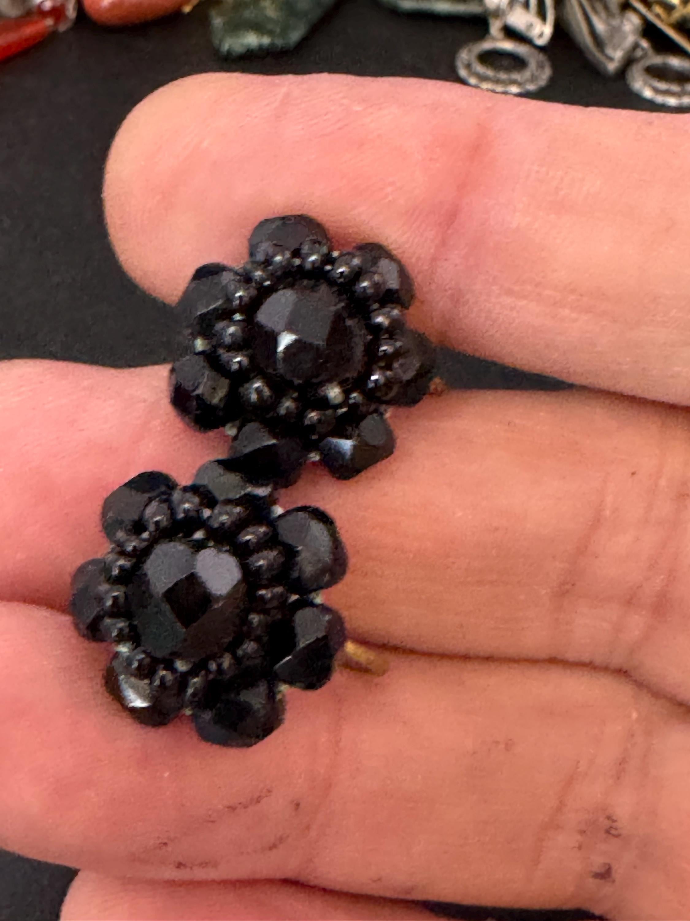 Vintage czech black faceted glass beaded cluster screw back clip on earrings
