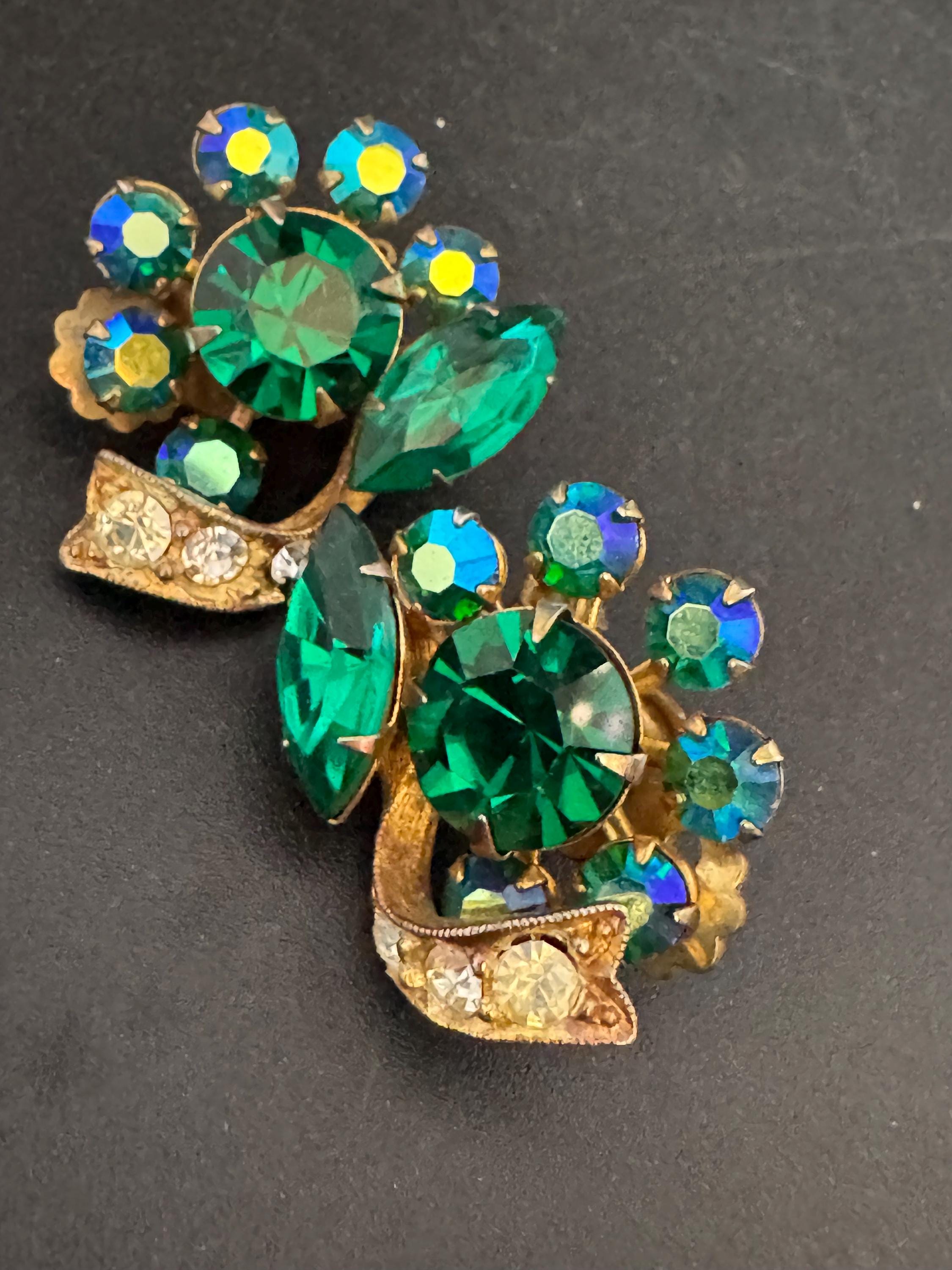 Vintage AB emerald green rhinestone Clip On Earrings Gold Tone