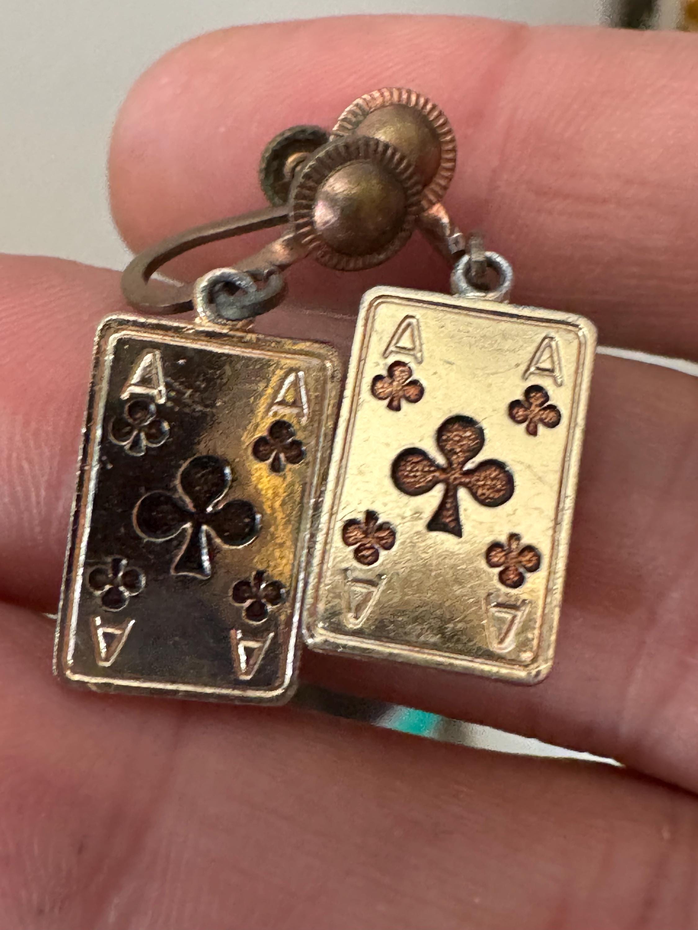 Novelty playing card gold metal clip on screw back earrings 1950s