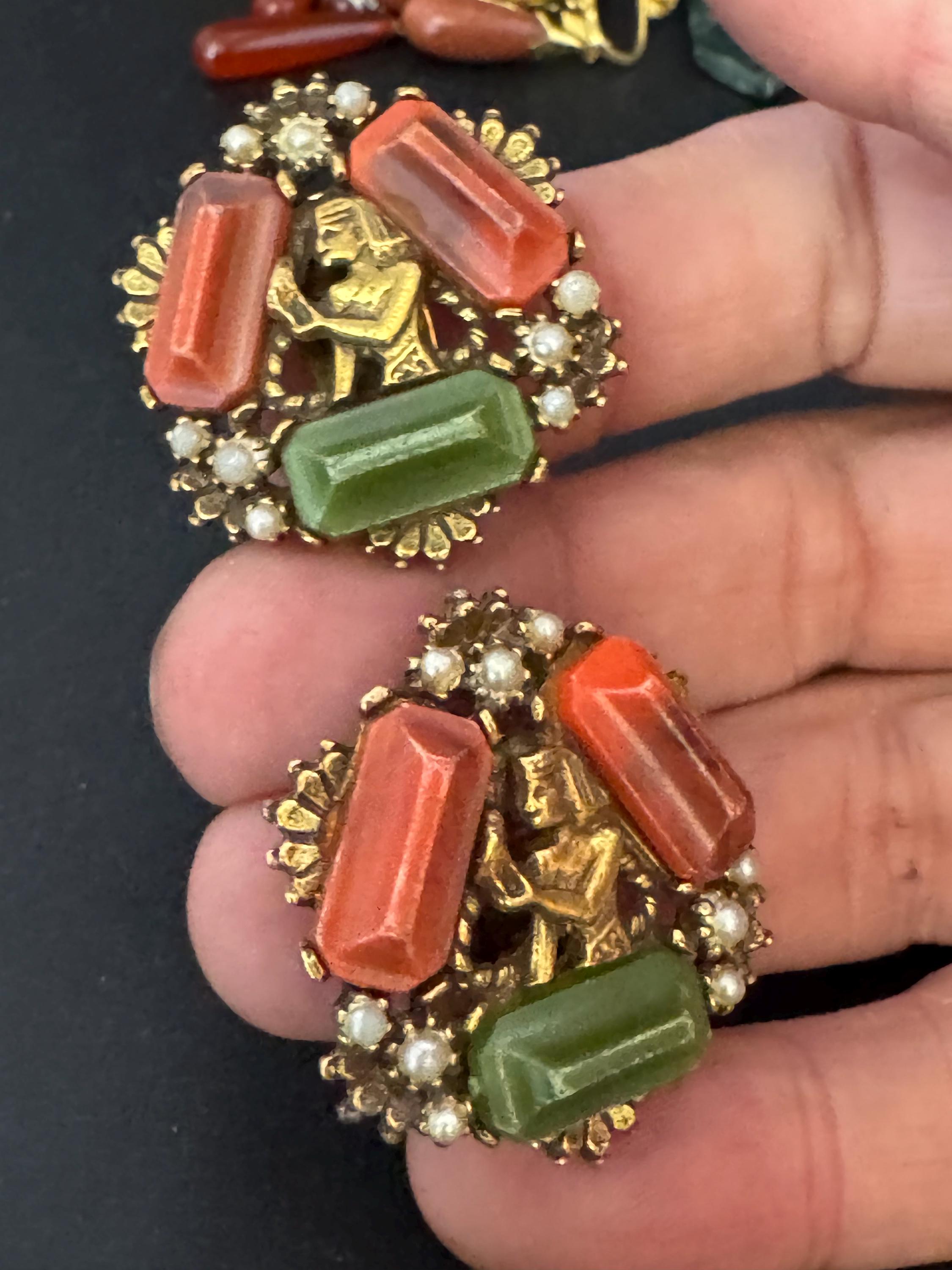 Czech Brass coral and Green Glass clip on earrings, Egyptian revival  Max Neiger Style
