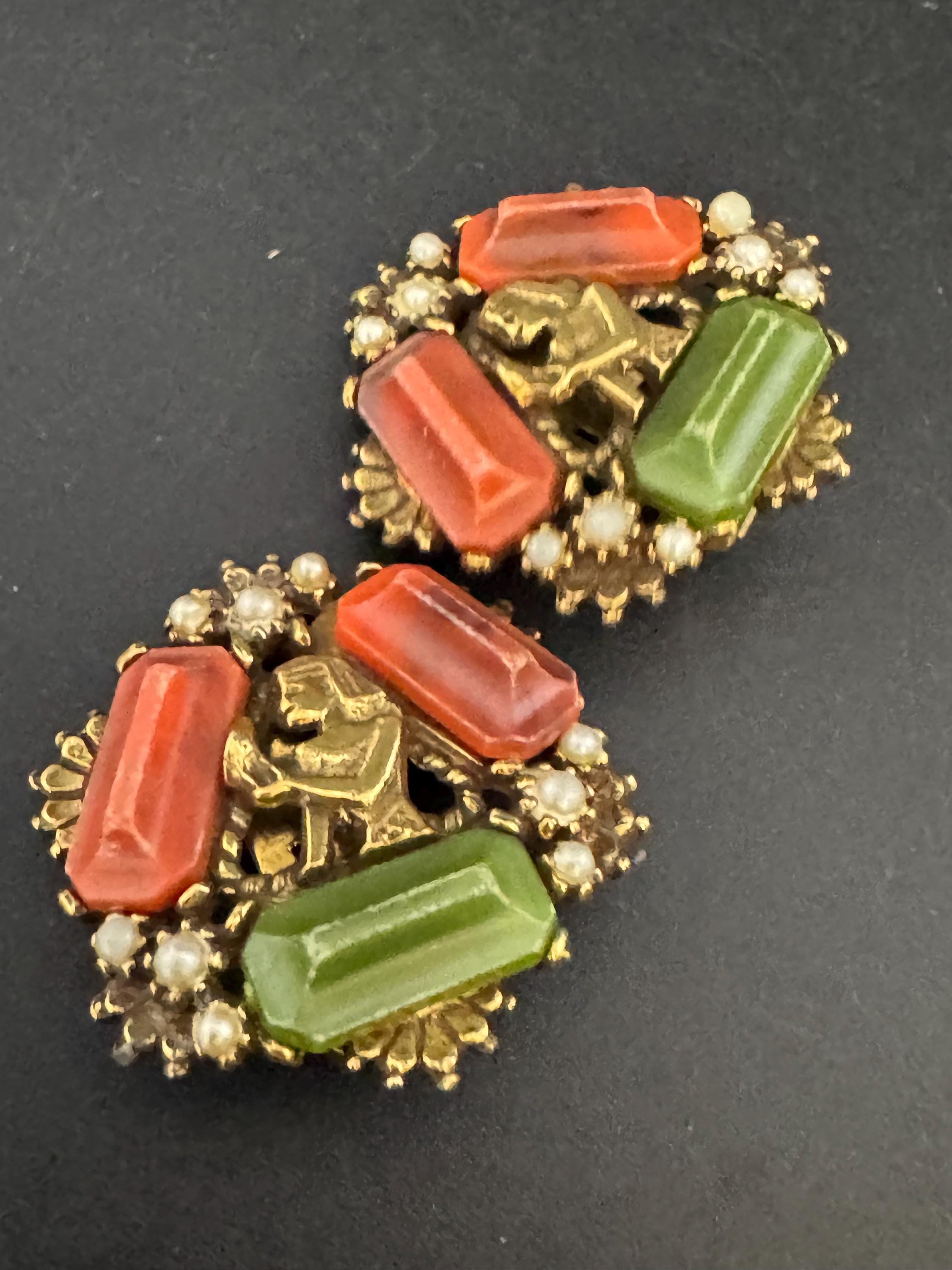 Czech Brass coral and Green Glass clip on earrings, Egyptian revival  Max Neiger Style
