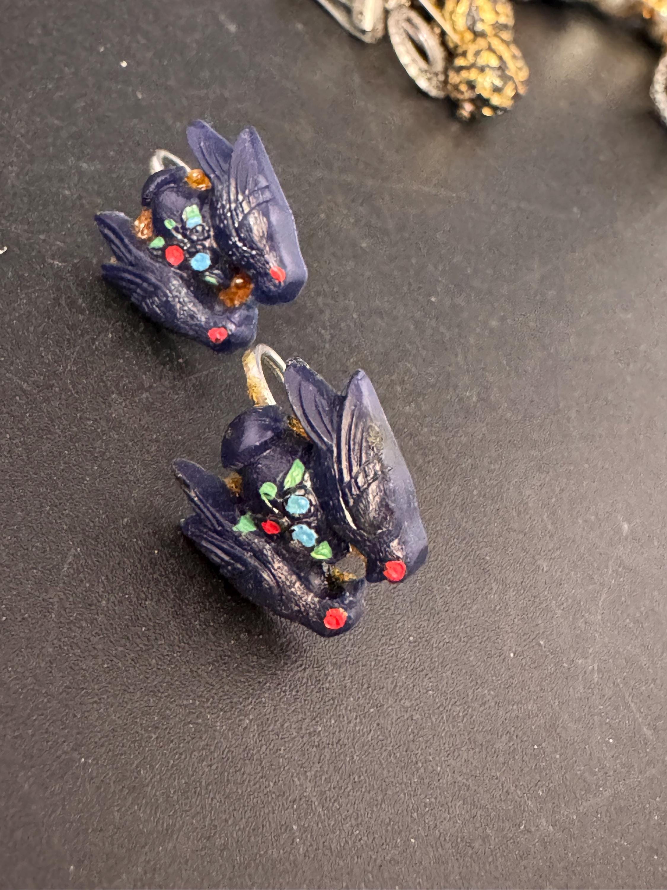 Novelty early plastic blue birds plastic screw back earrings