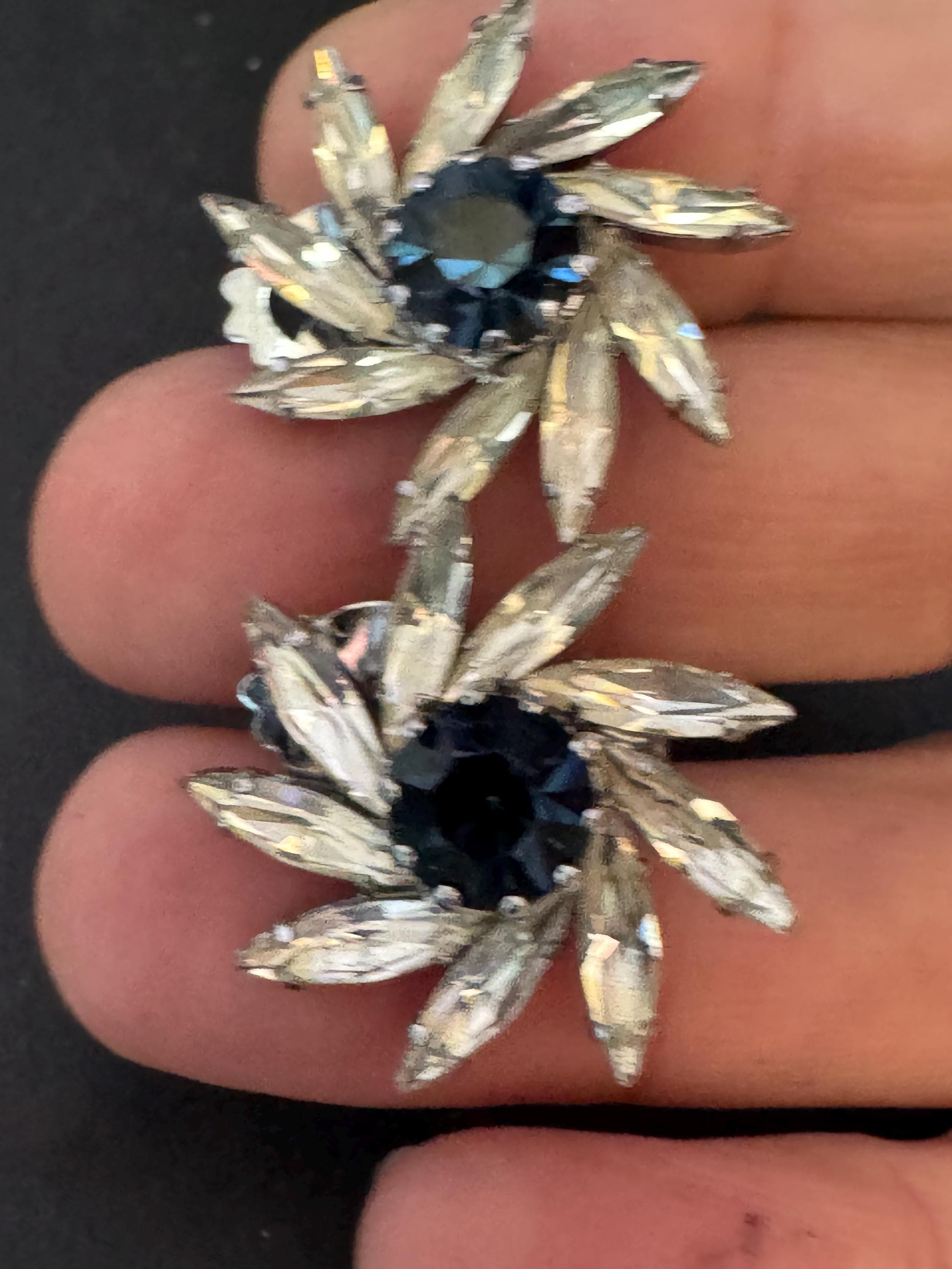 vintage sapphire Blue clear navette glass rhinestone Clip on stud earrings