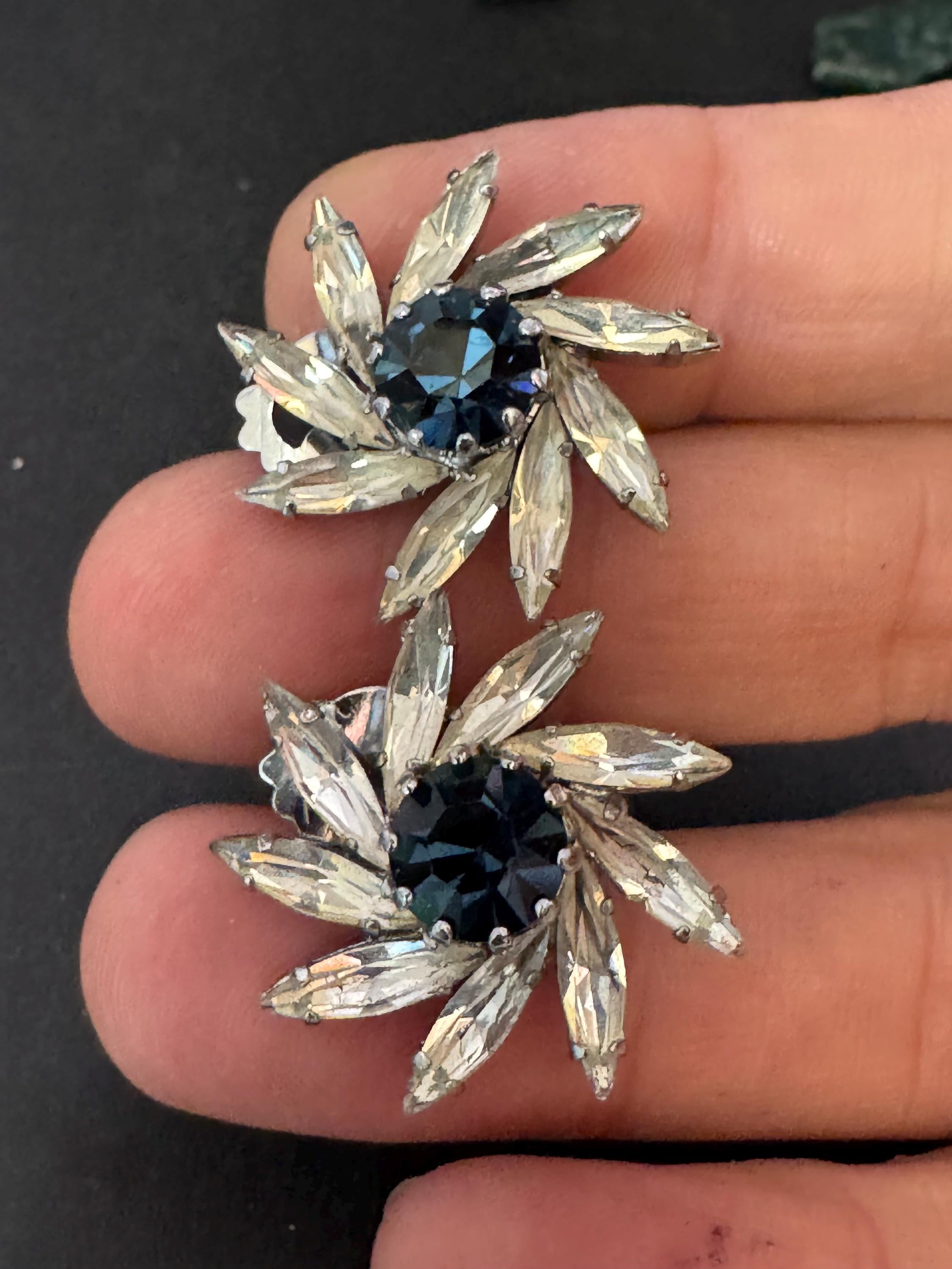 vintage sapphire Blue clear navette glass rhinestone Clip on stud earrings