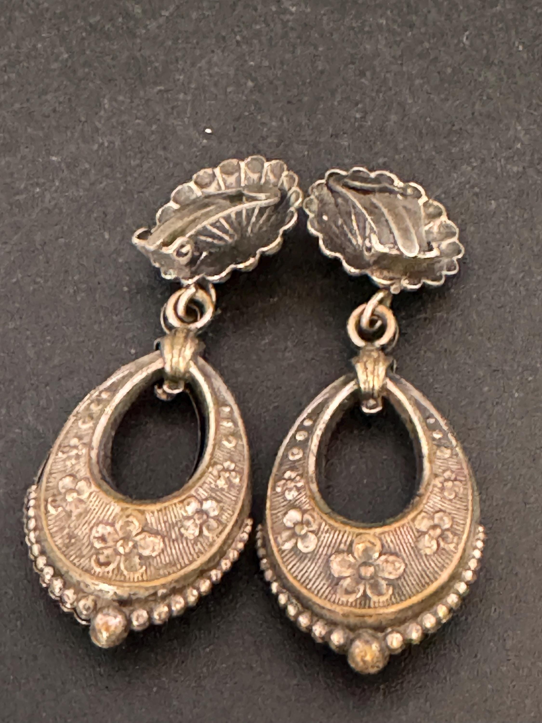 antique Victorian white metal silver etched ornate puffy door knocker earrings