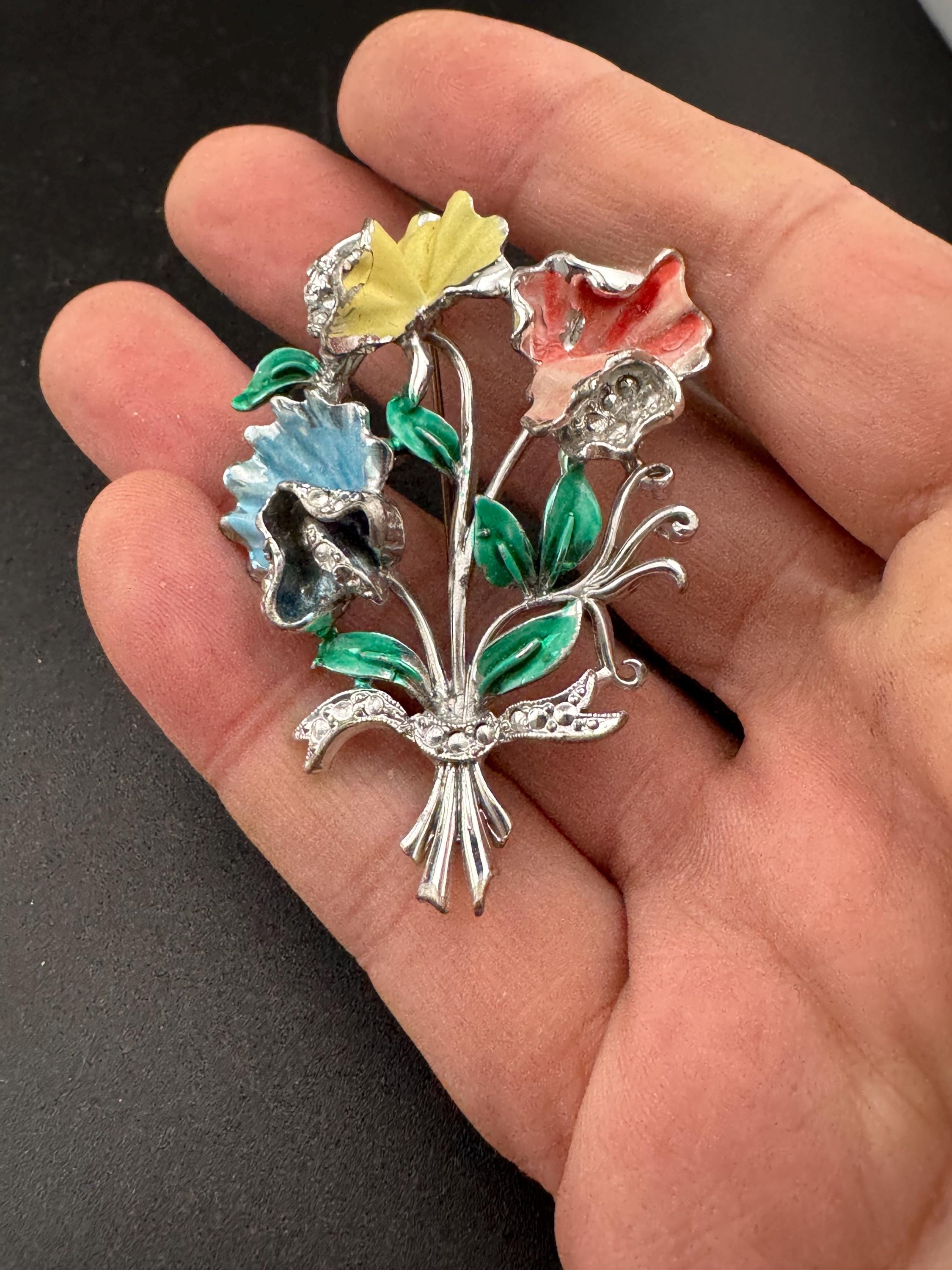 Vintage Enamel Exquisite floral birthday series brooch, marcasite sweet pea flowers