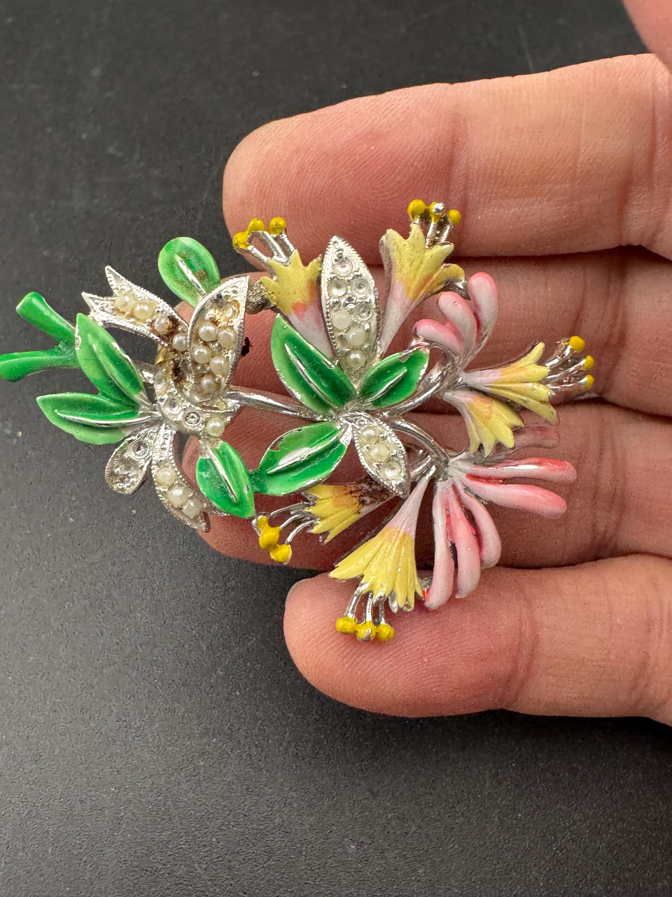 Vintage Enamel Exquisite floral birthday series brooch, honeysuckle  flowers