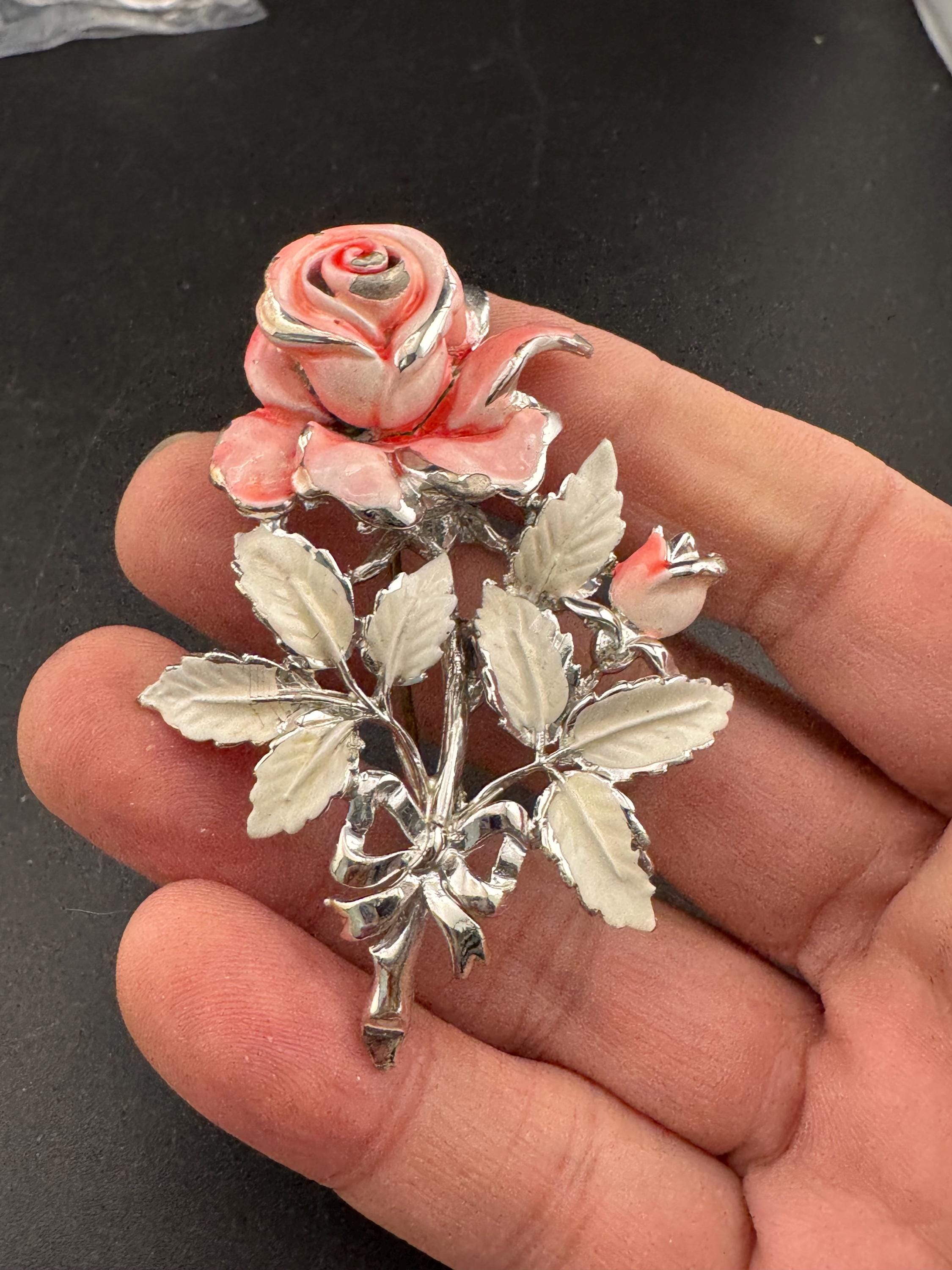 Vintage Enamel Exquisite floral birthday series brooch, pink rose flowers