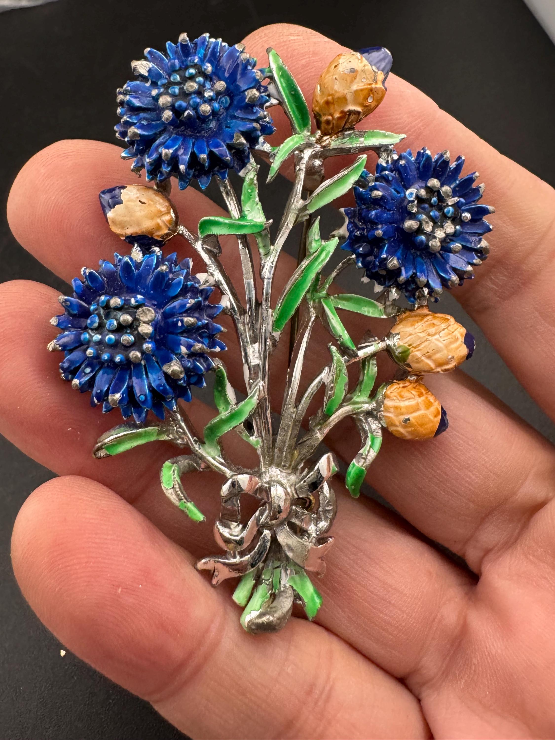 Vintage Enamel Exquisite floral birthday series brooch, blue cornflower flowers