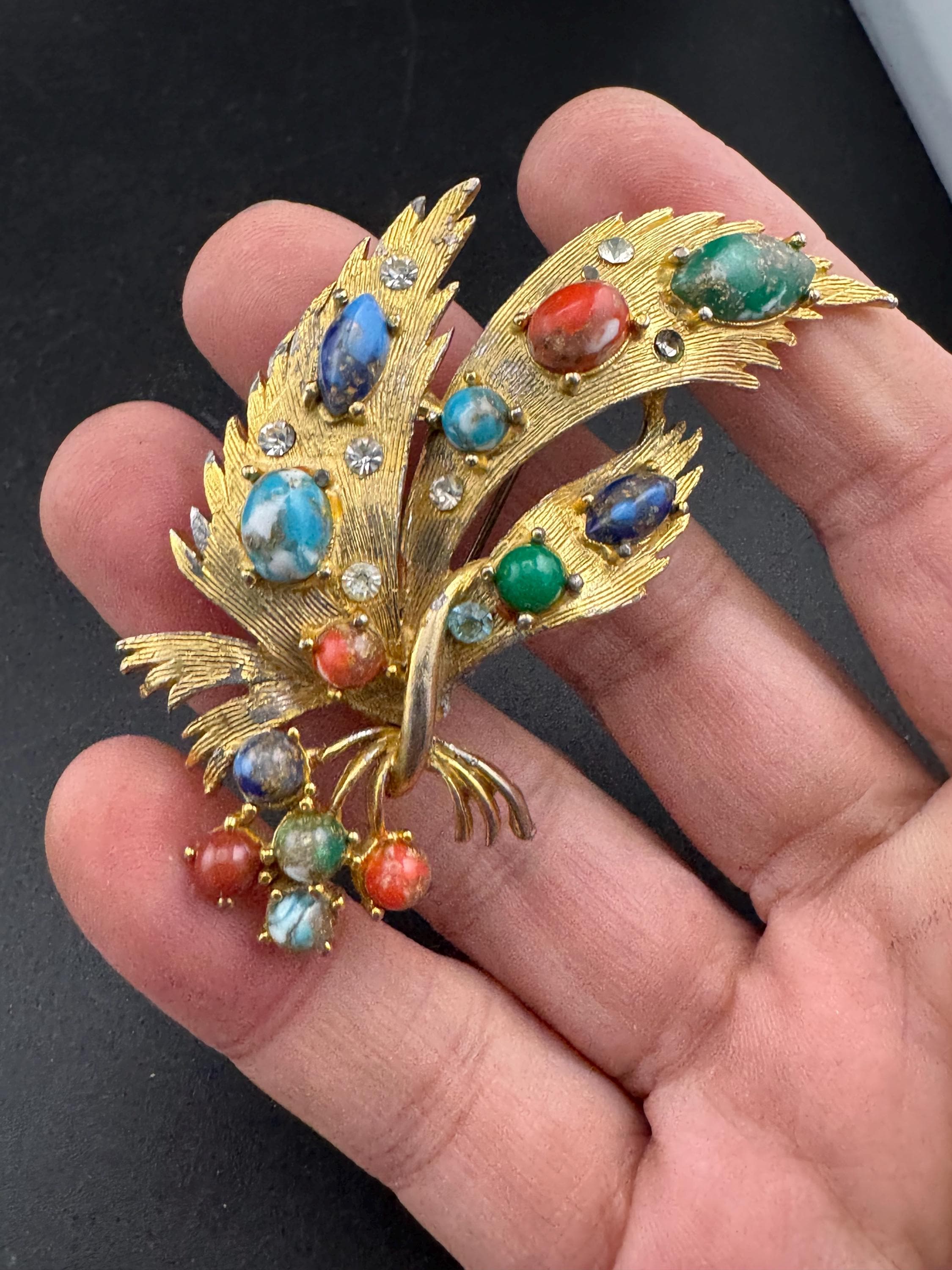 Vintage Enamel signed Exquisite floral rhinestone brooch; coloured cabochons