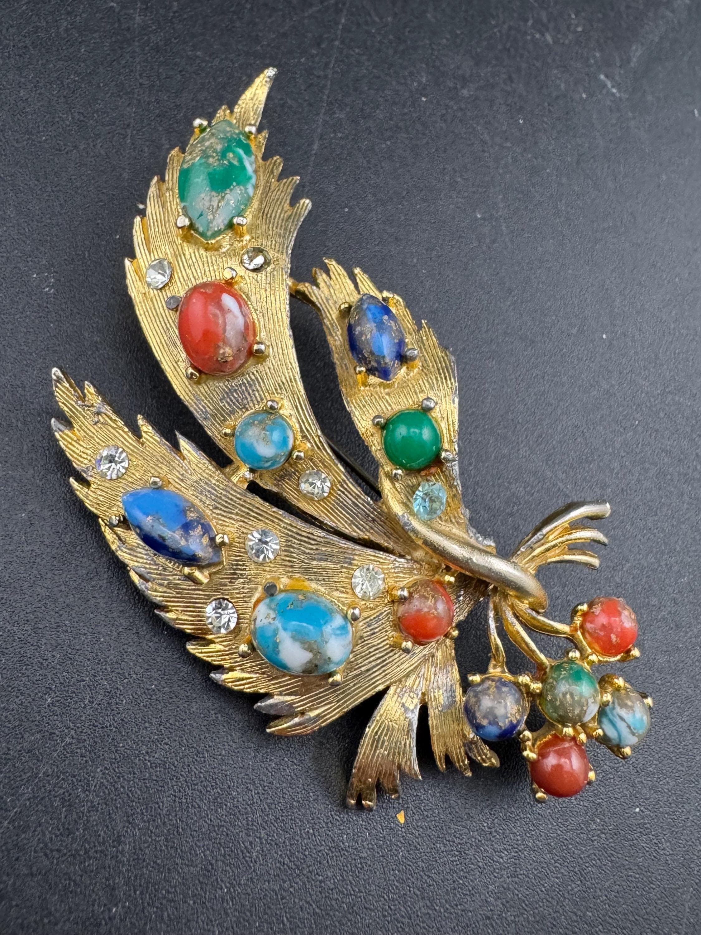 Vintage Enamel signed Exquisite floral rhinestone brooch; coloured cabochons