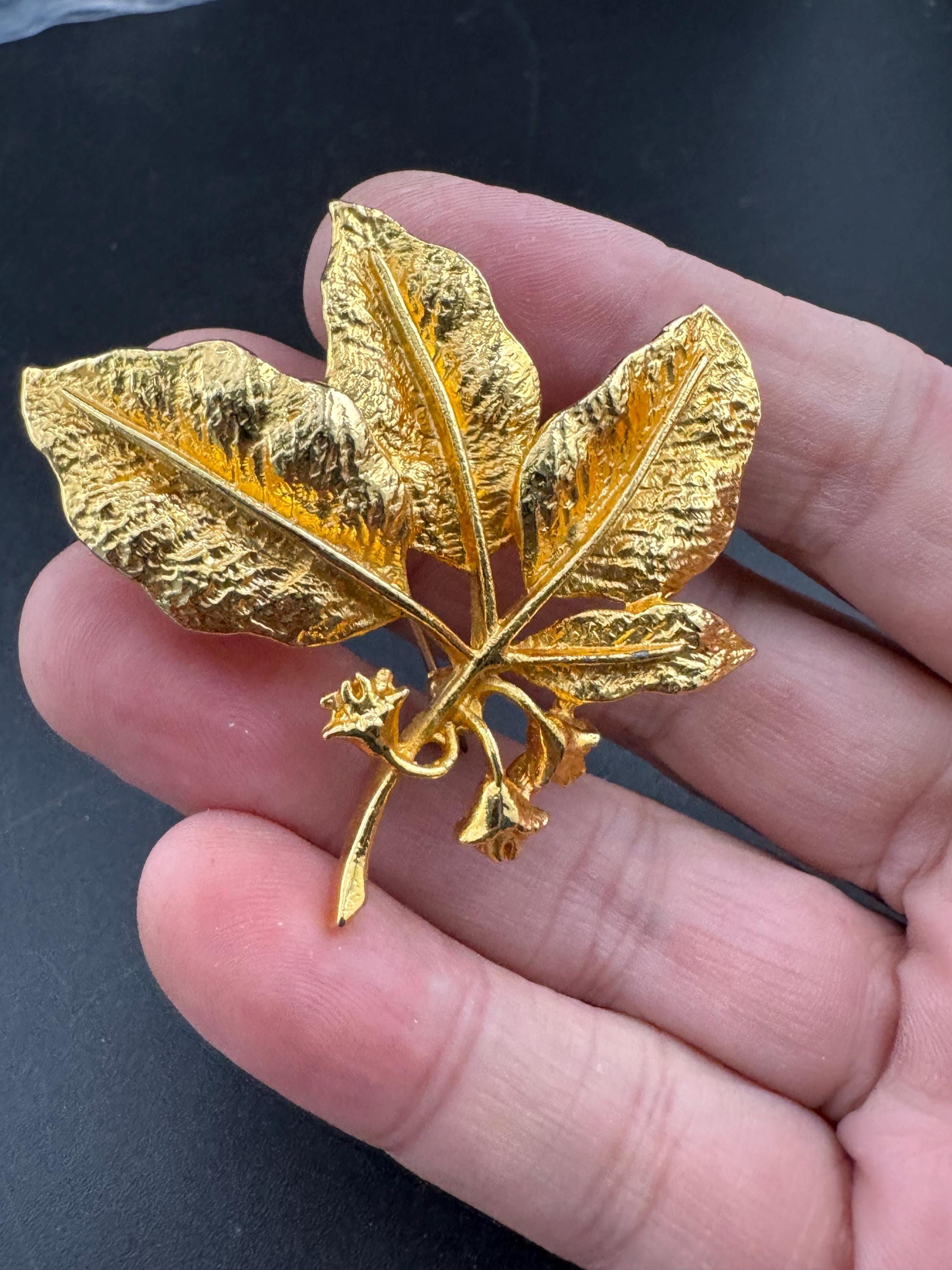 Vintage signed Exquisite gold leaf brooch; mid century