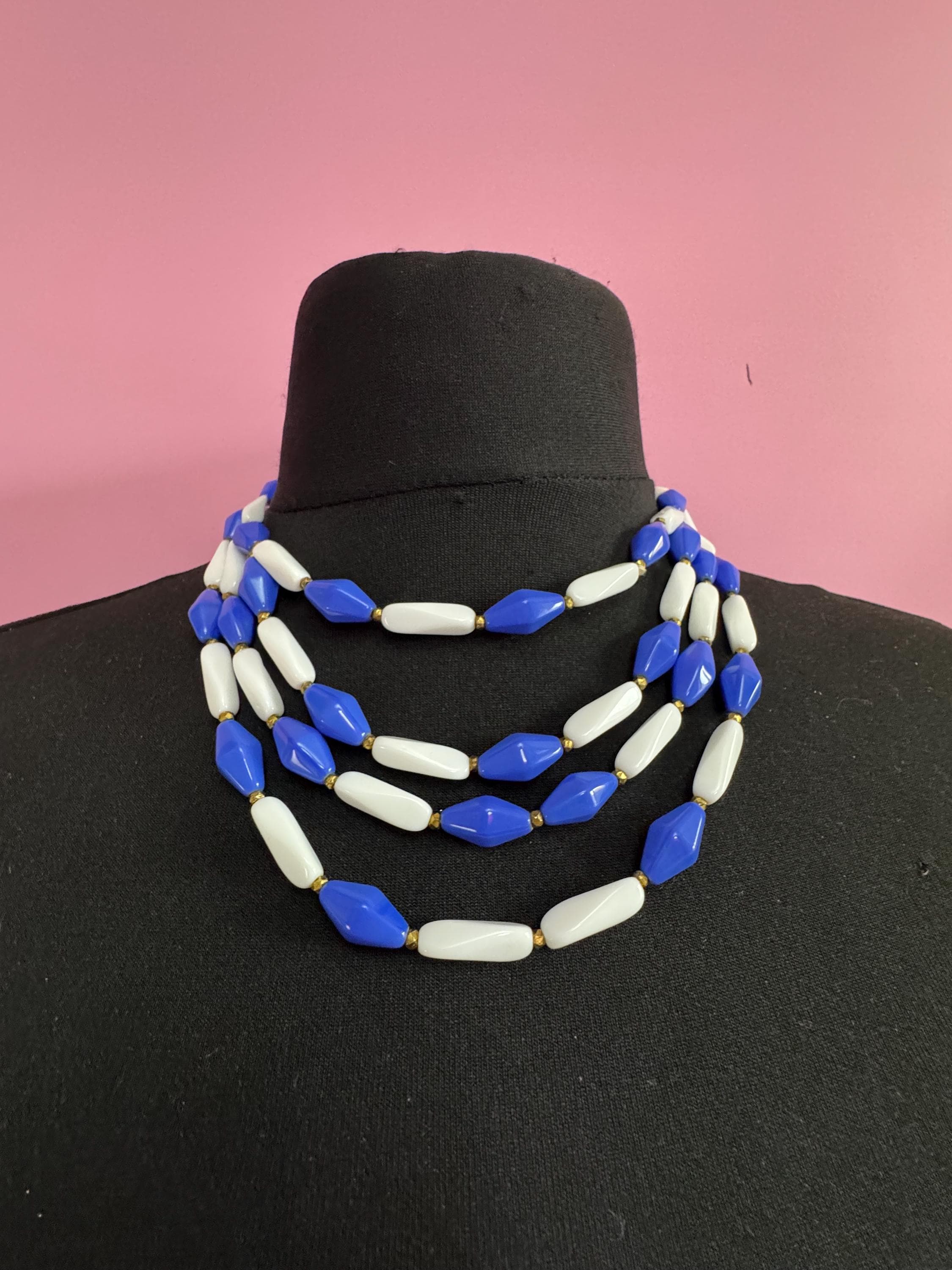 vintage blue and white glass triple strand 3 row beaded necklace