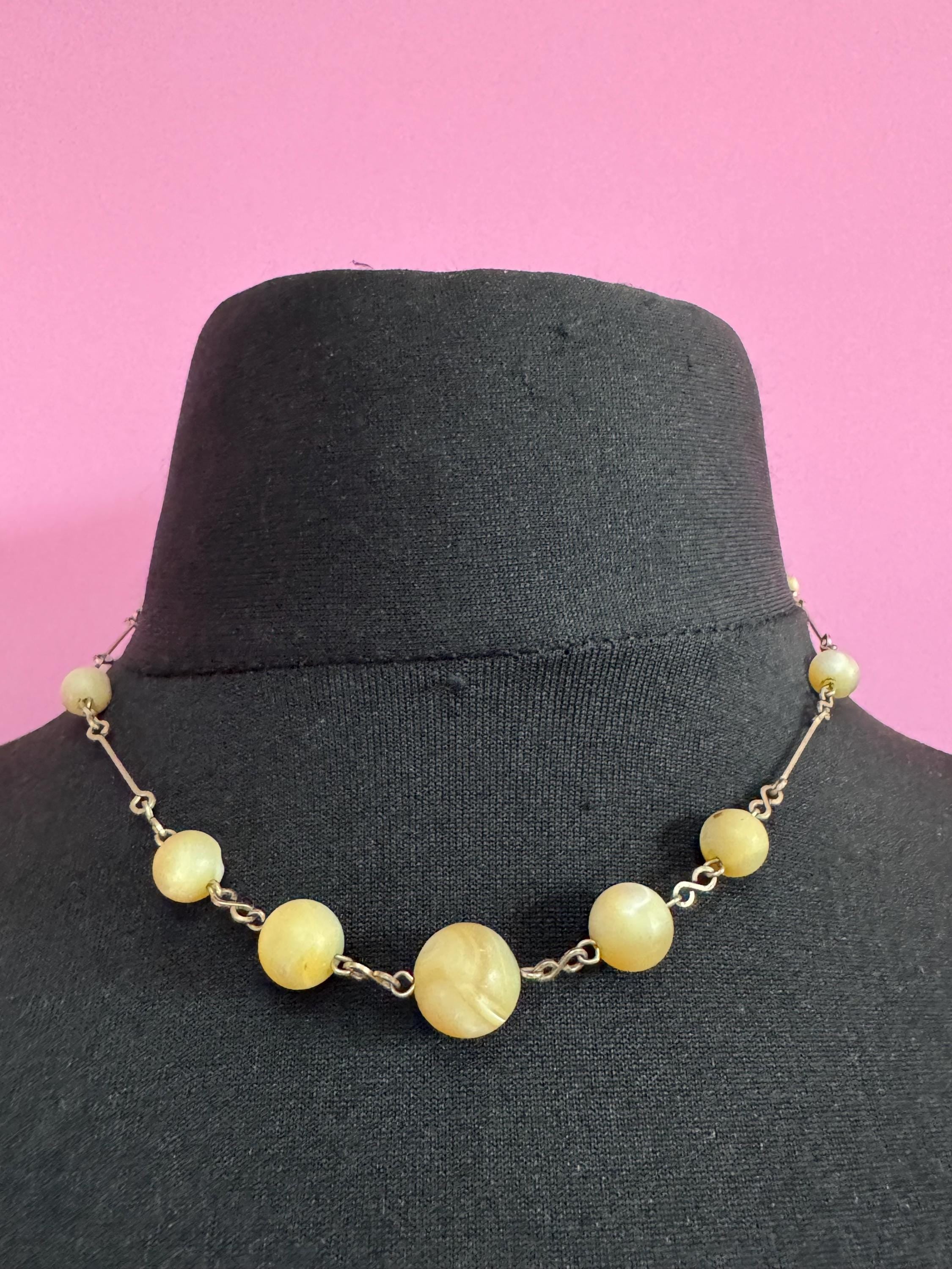 Antique rolled gold natural pearl beaded necklace 43cm