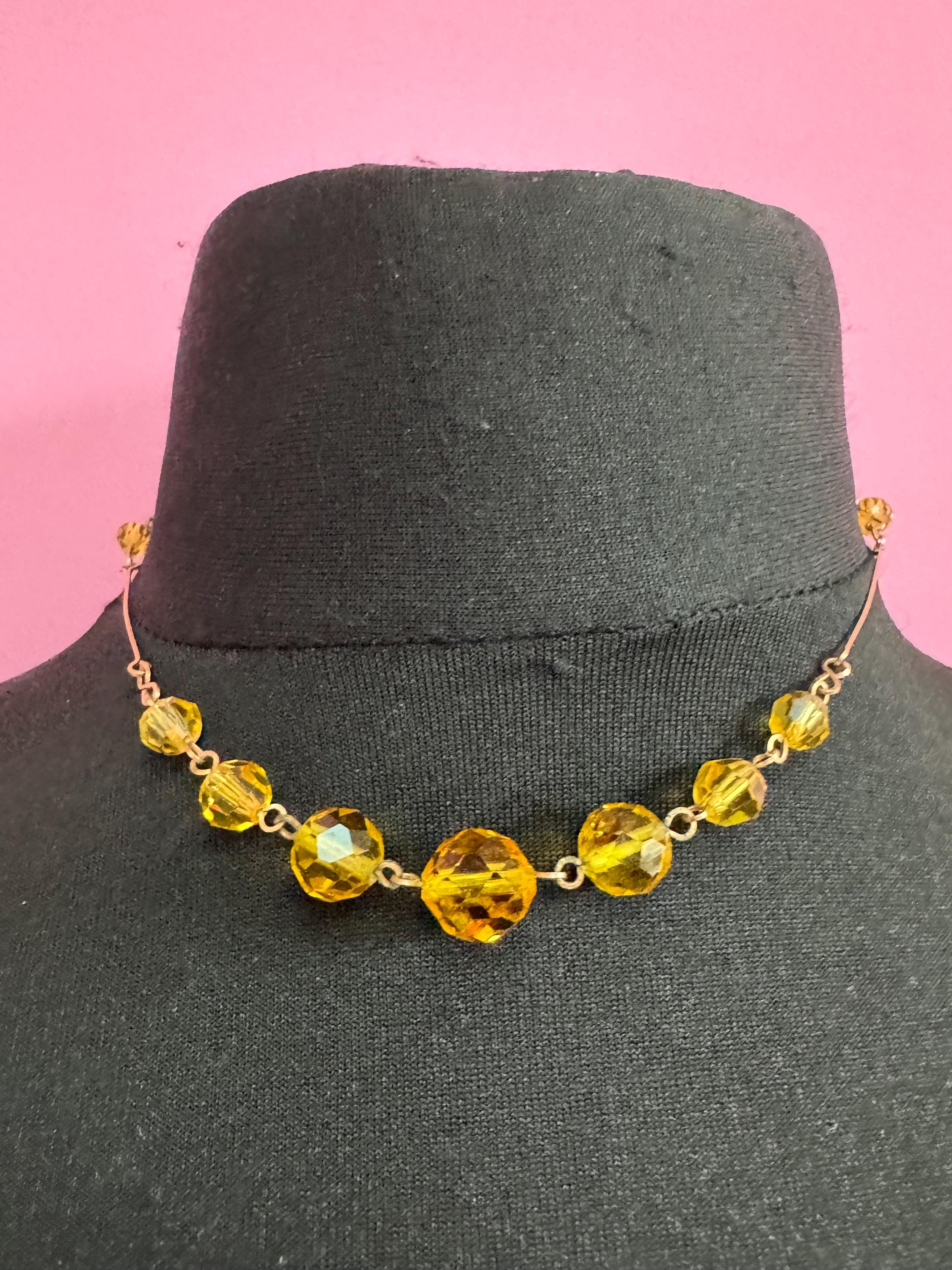 Antique yellow orange glass Art Deco necklace rolled gold 42cm