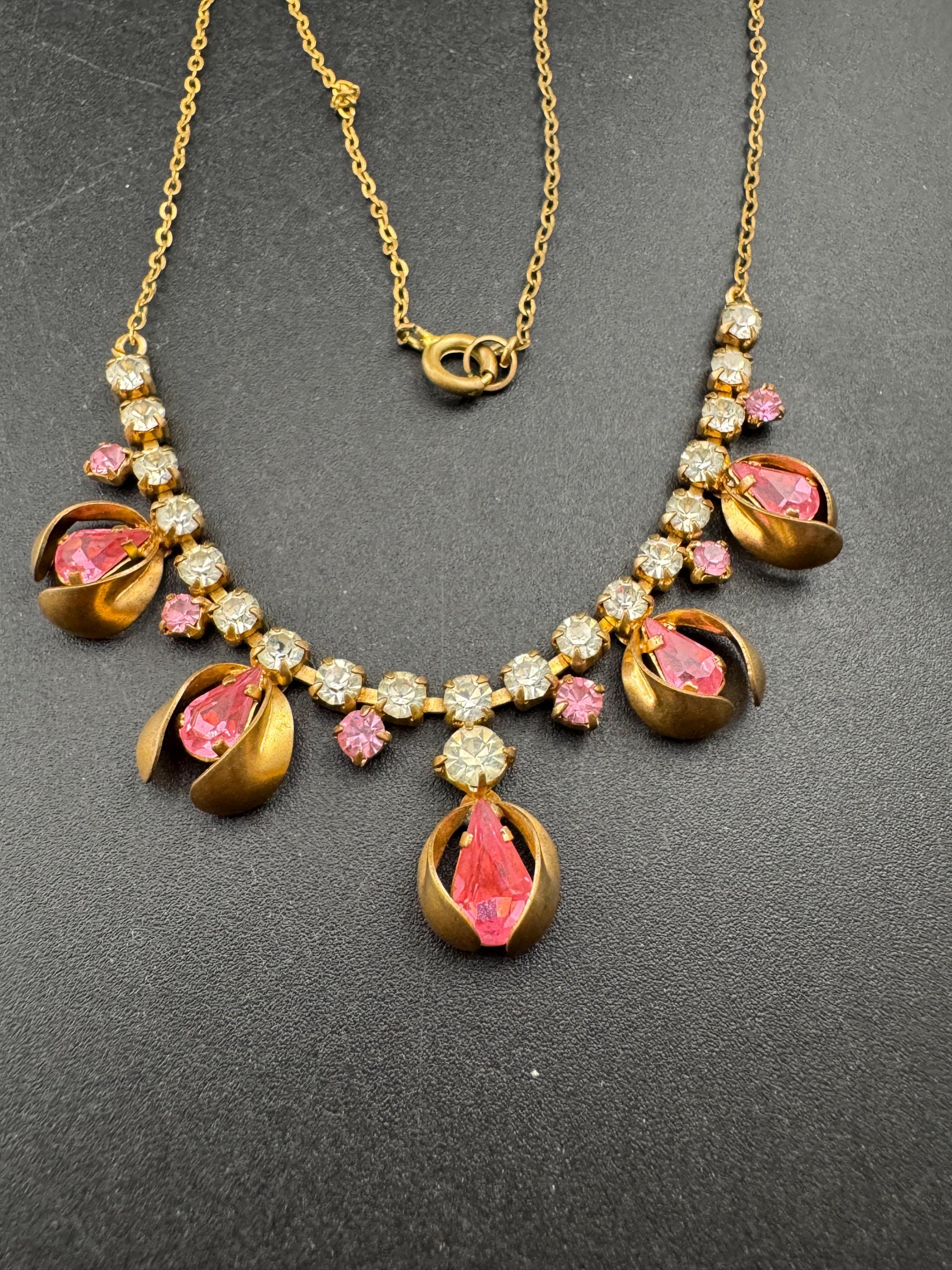 43cm pink diamanté crystal necklace, fine gold tone chain, glass rhinestones, vintage