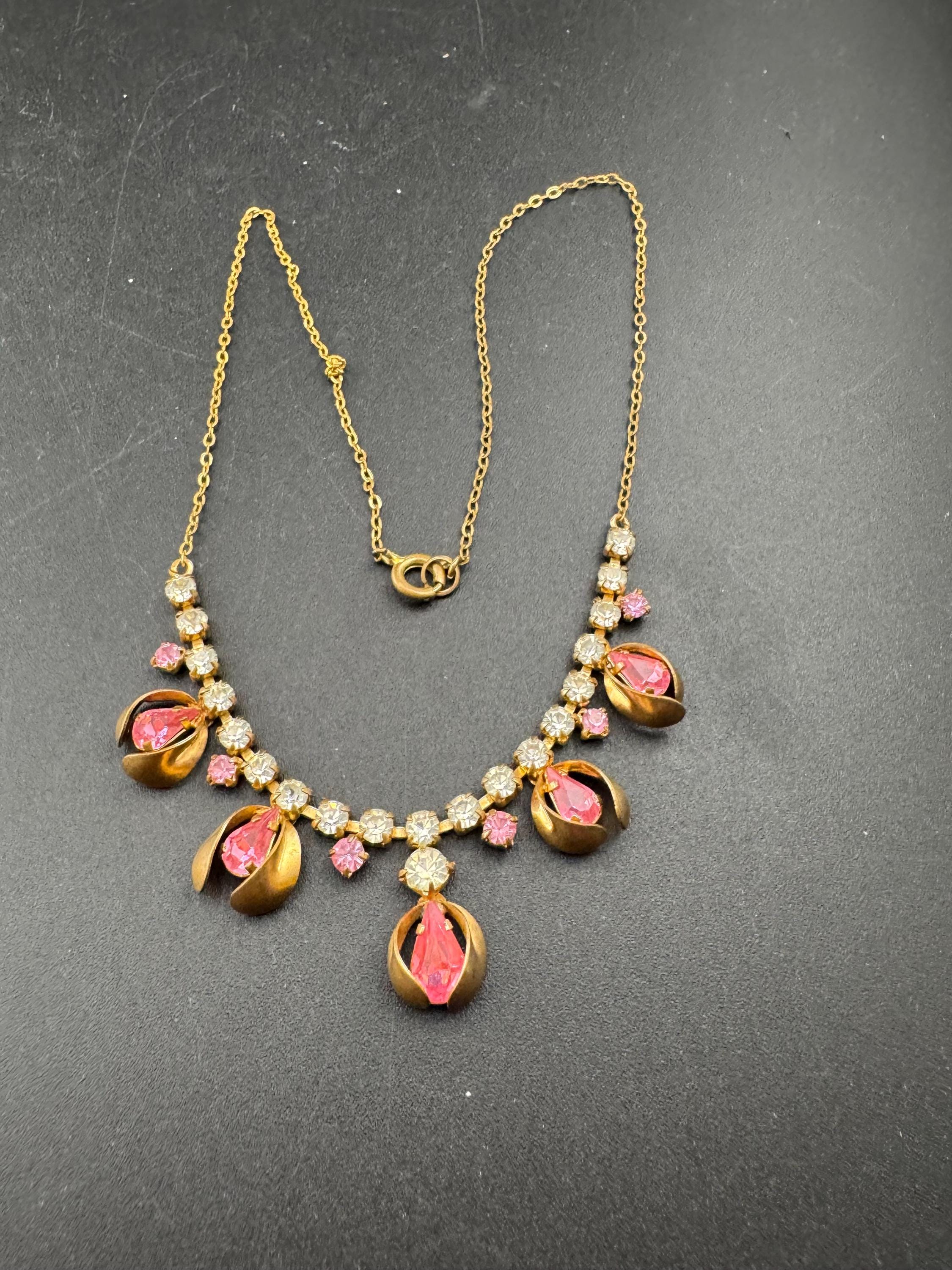43cm pink diamanté crystal necklace, fine gold tone chain, glass rhinestones, vintage