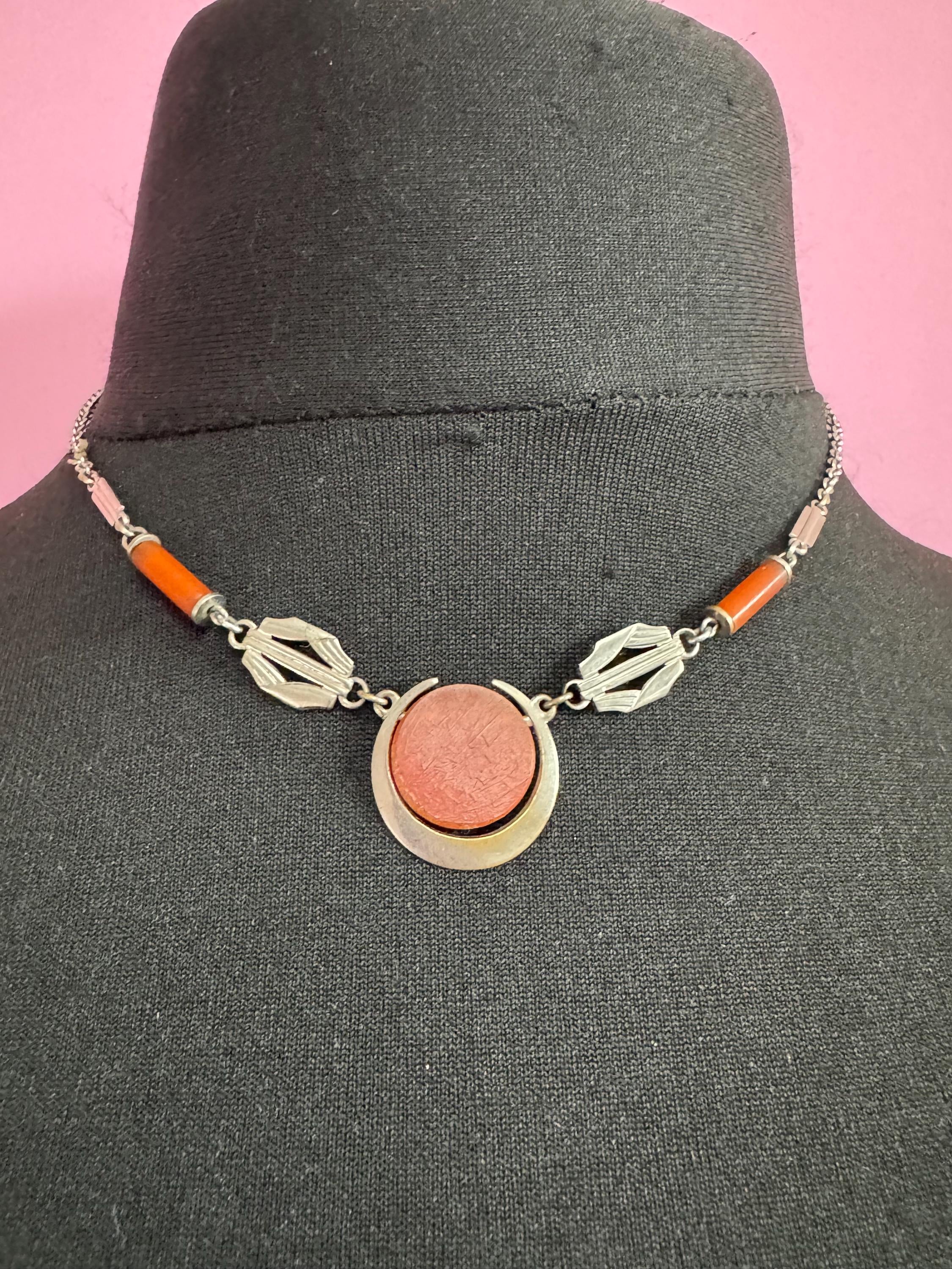 Art Deco silver chrome and galalith orange necklace,  Jakob Bengal style 1920s 1930s