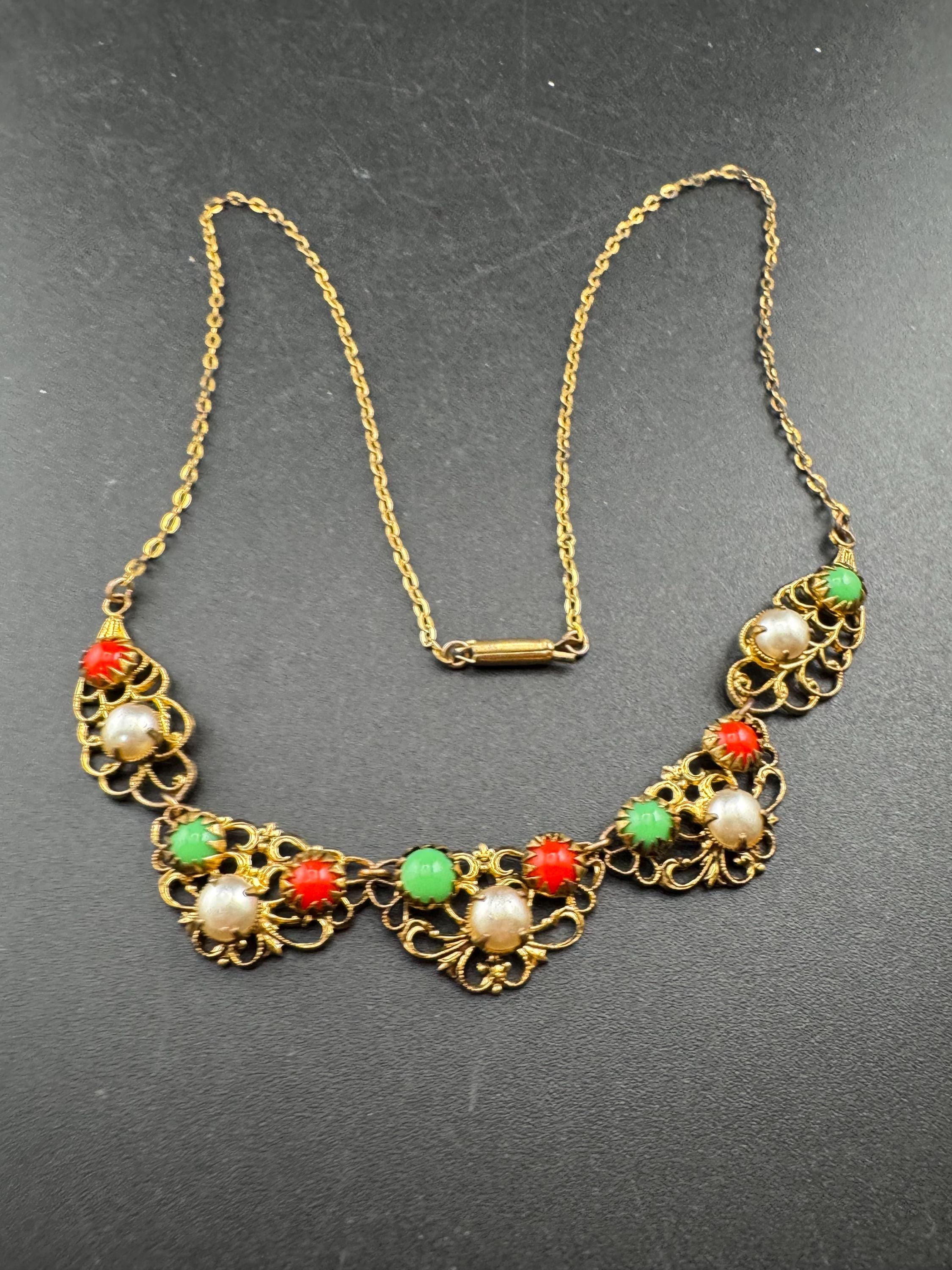 Czech Filigree Peking Green Glass coral pearl necklace,  Max Neiger Style art deco