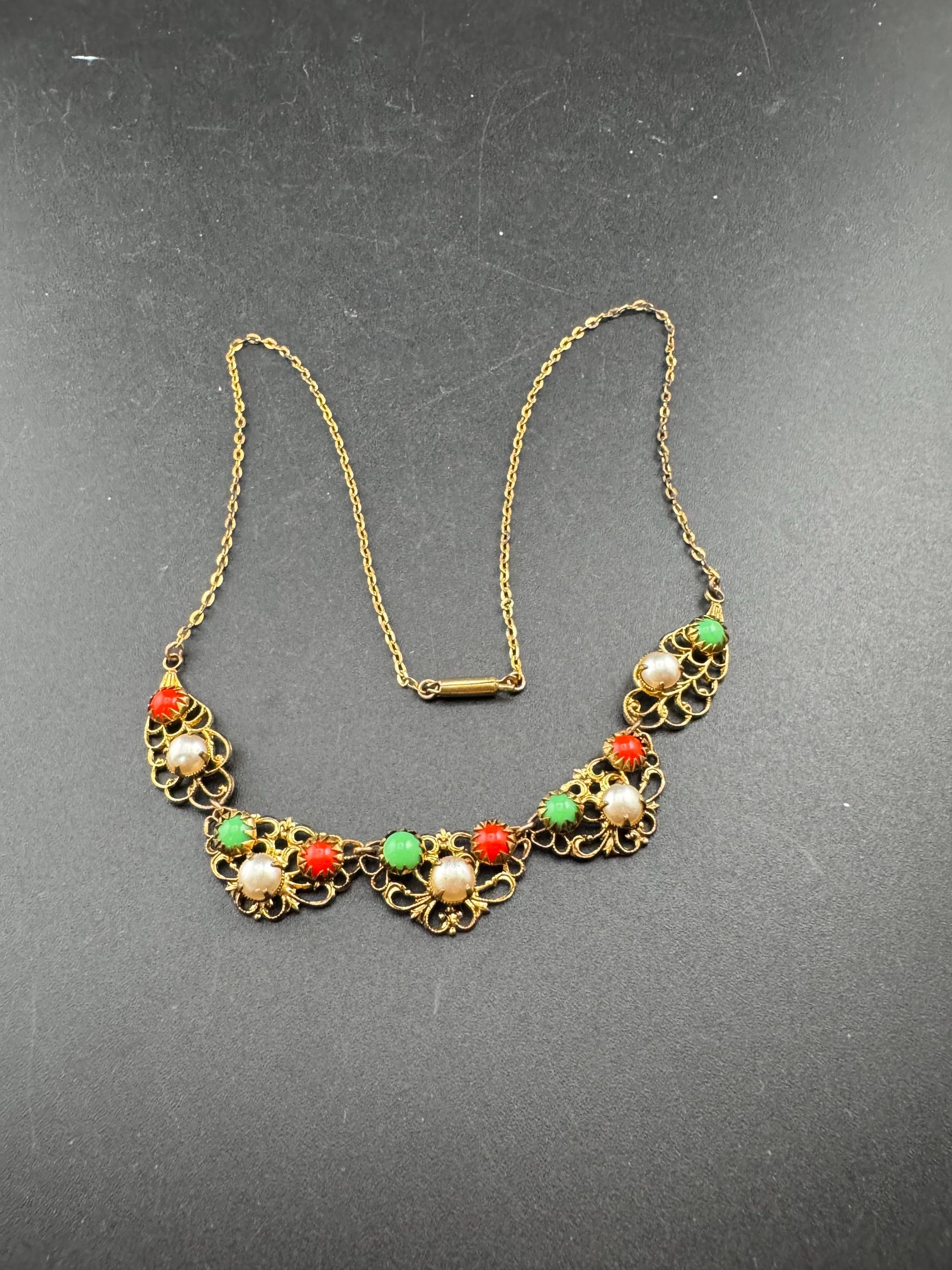 Czech Filigree Peking Green Glass coral pearl necklace,  Max Neiger Style art deco