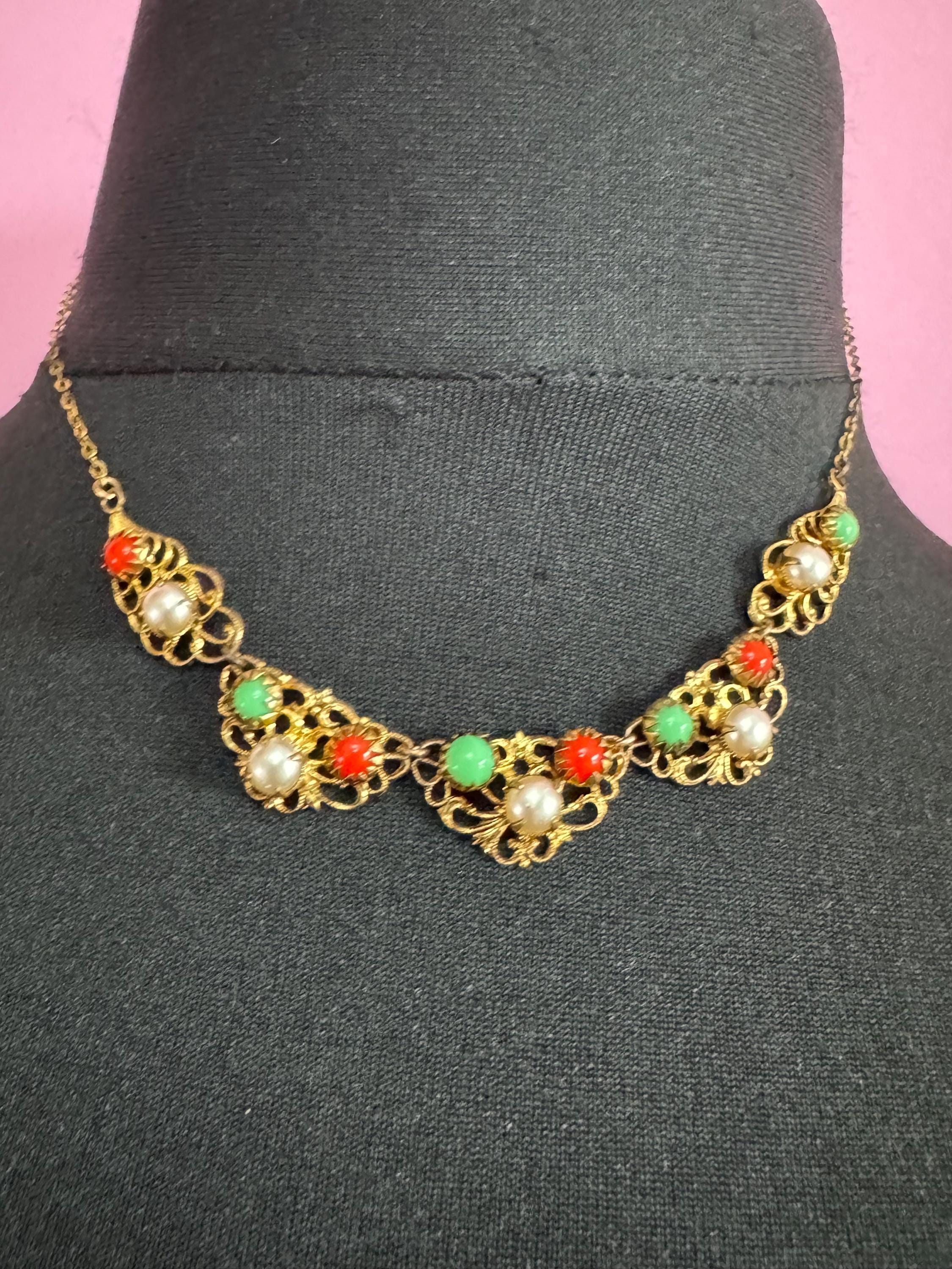 Czech Filigree Peking Green Glass coral pearl necklace,  Max Neiger Style art deco
